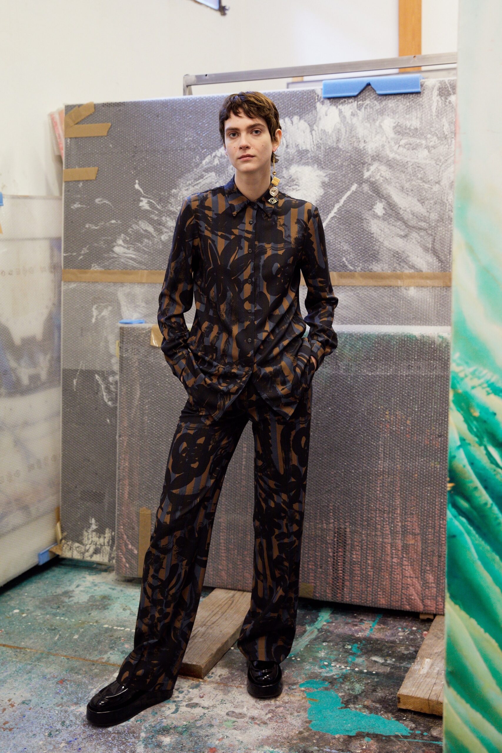 black and brown printed silk outfit