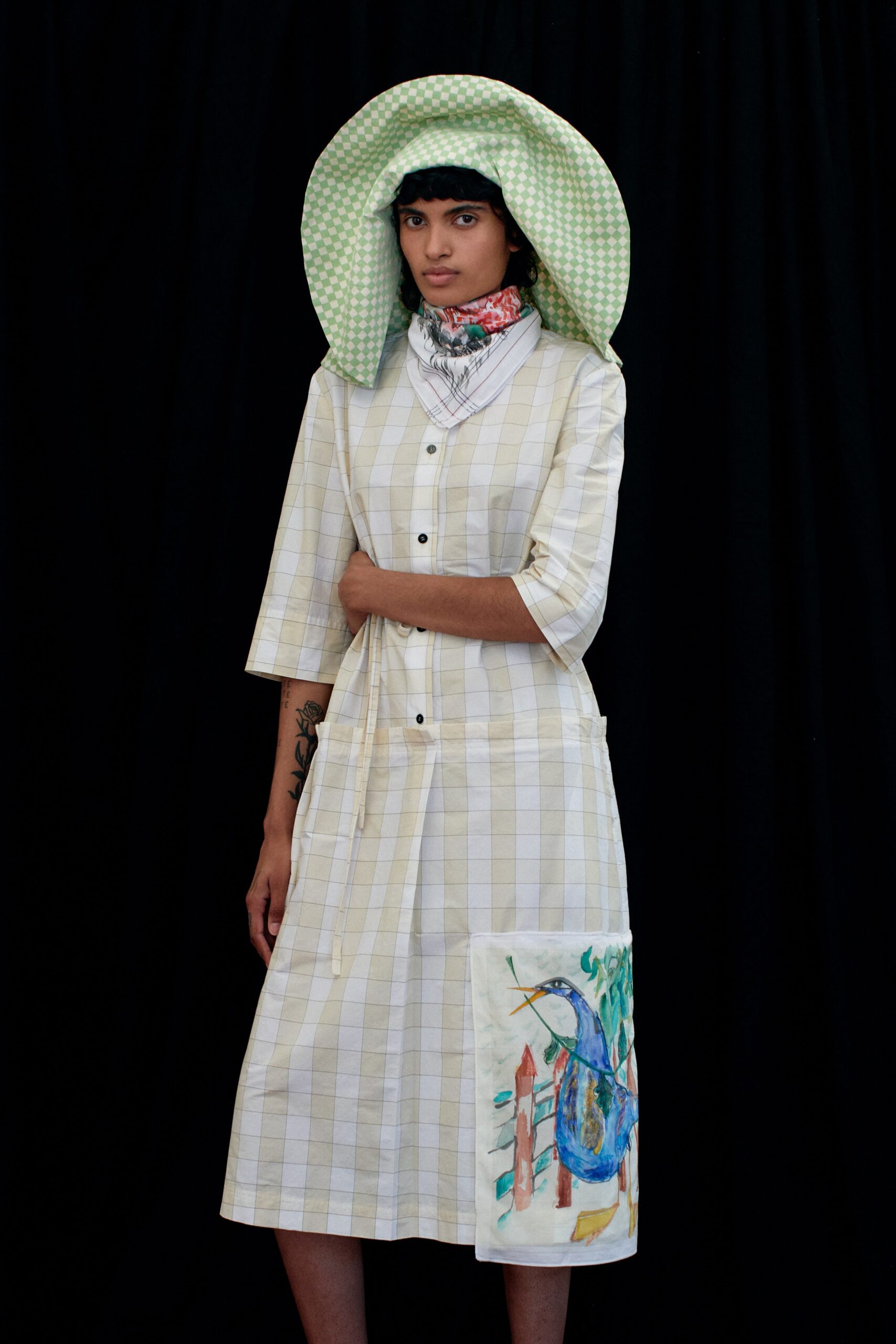 beige checked midi dress with hat