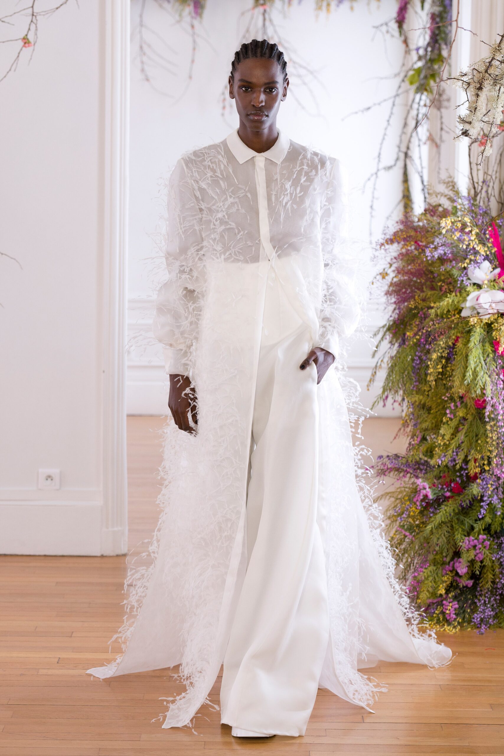 white chiffon long-sleeve collared relaxed layered fringed coat