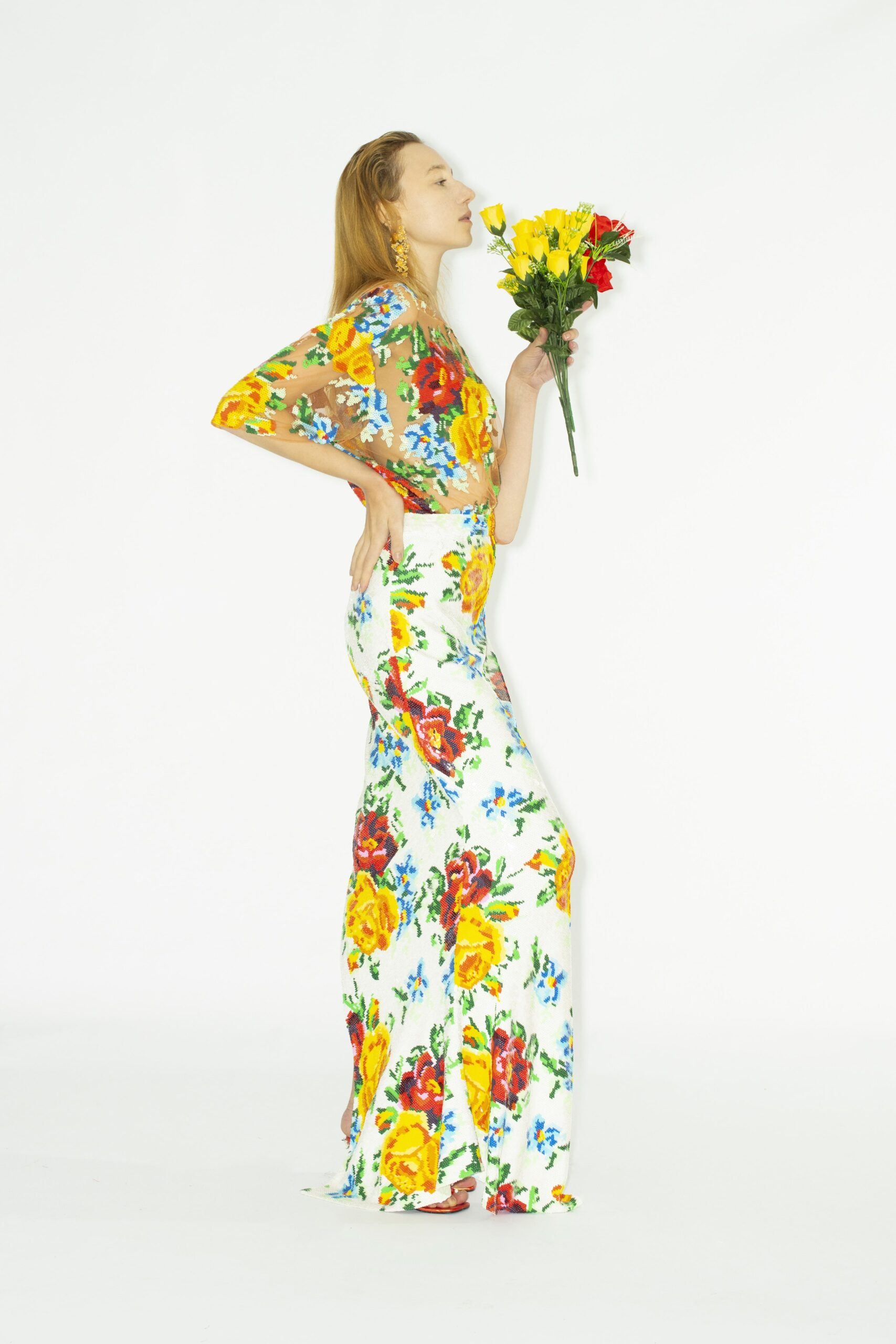 multi chiffon fitted flared maxi skirt