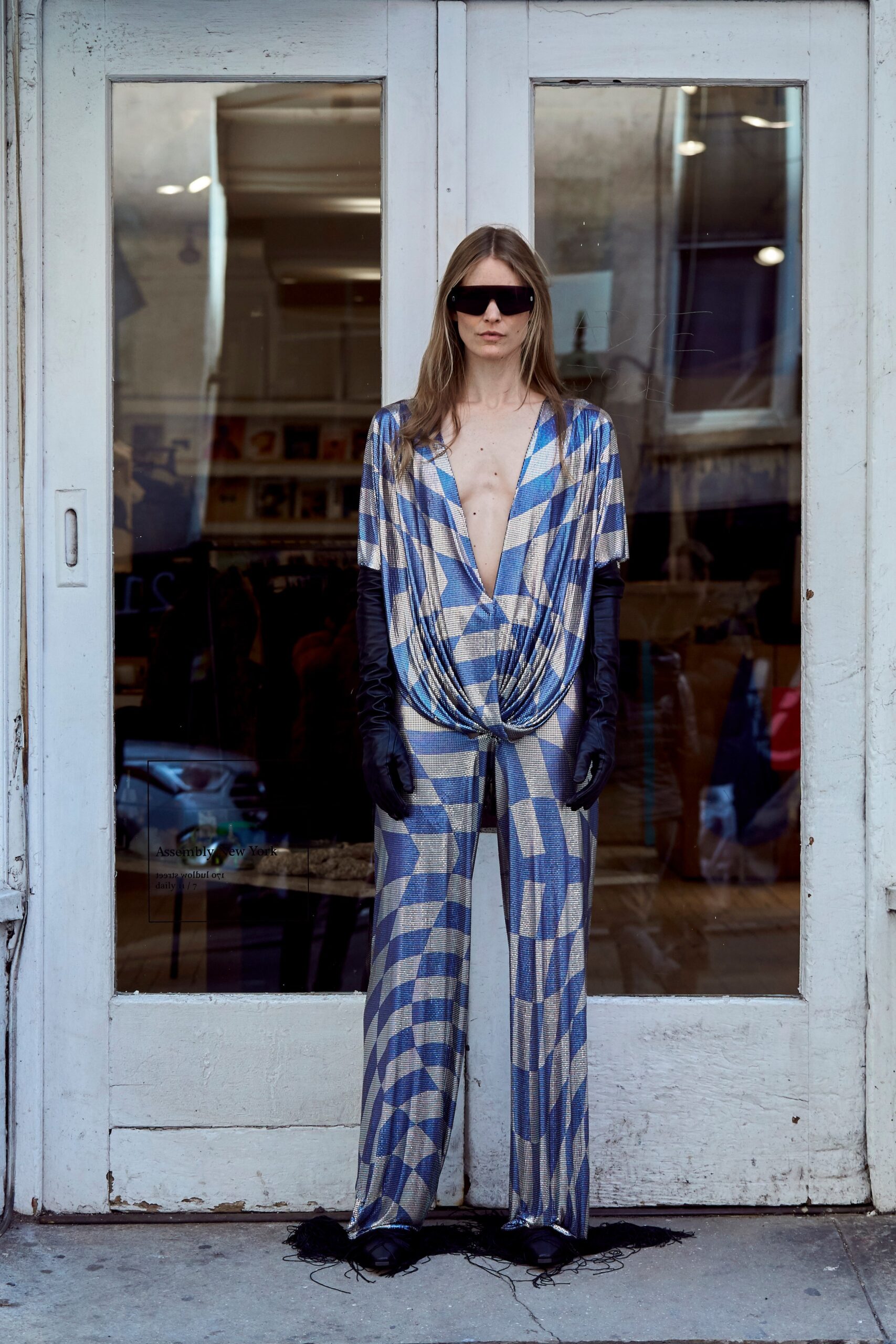 blue and gold draped jumpsuit