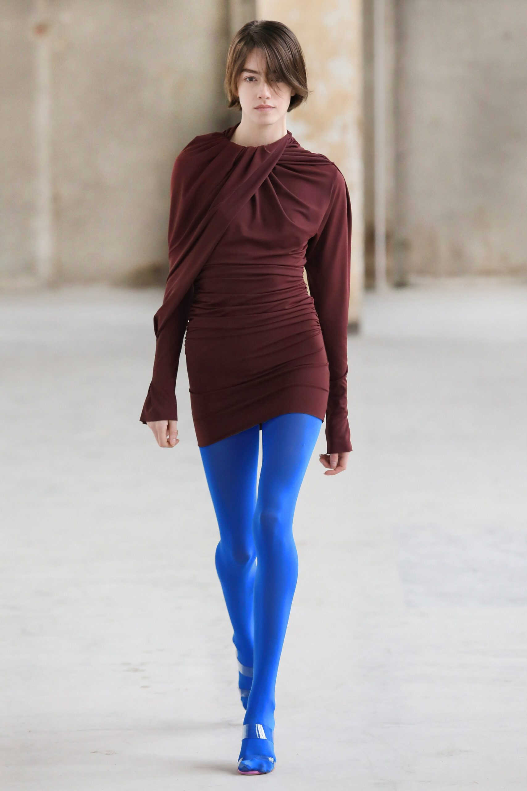 maroon jersey long-sleeve v-neck fitted ruched mini dress