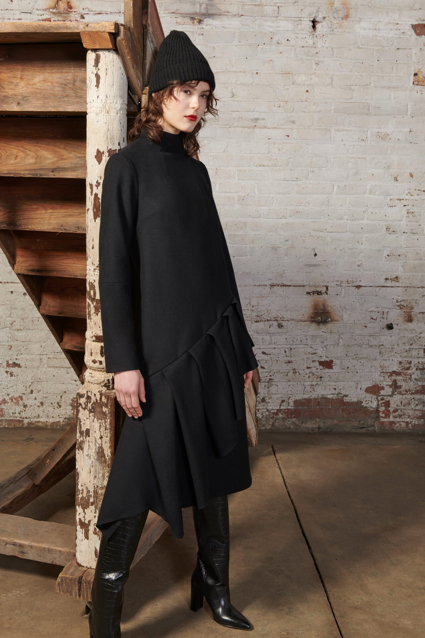 black wool long-sleeve high-neck fitted ruffled midi dress