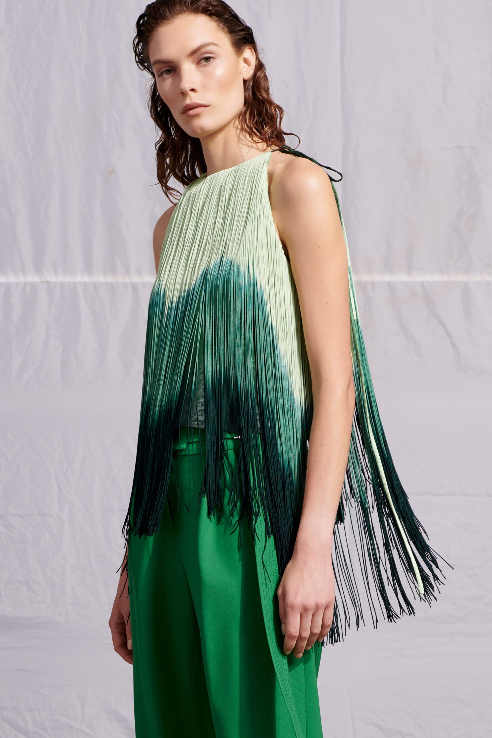 green silk sleeveless fitted fringed ombre top
