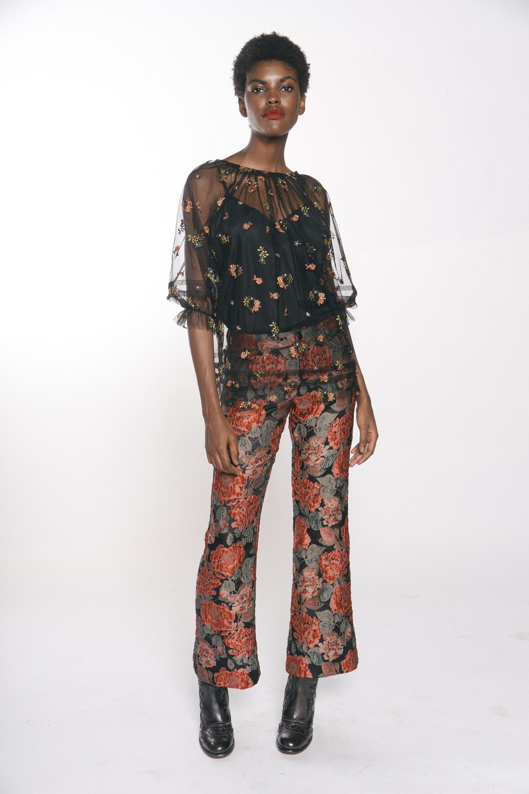 black chiffon embroidered blouse and flared pants