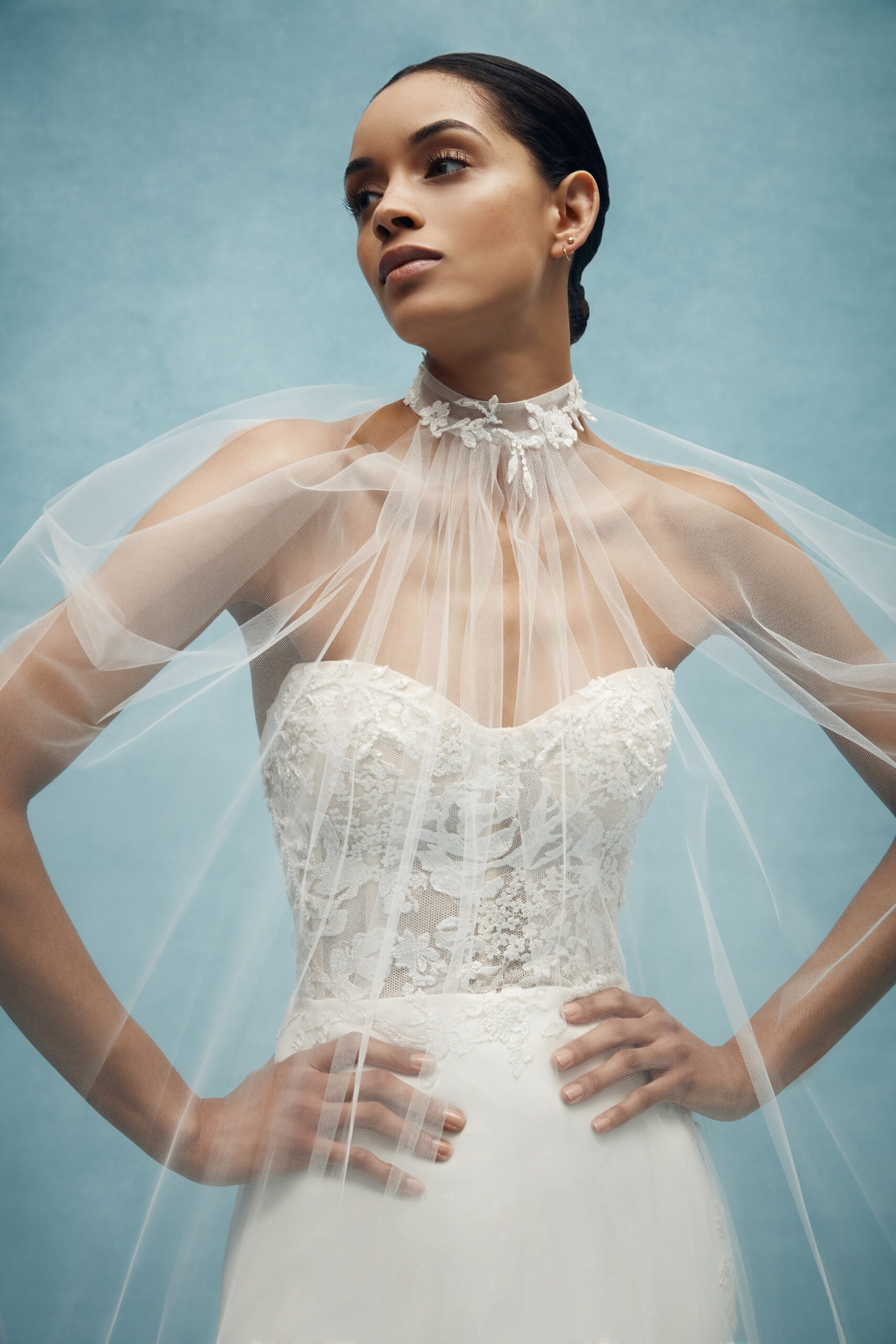 white silk strapless fitted embroidered tiered sheer gown