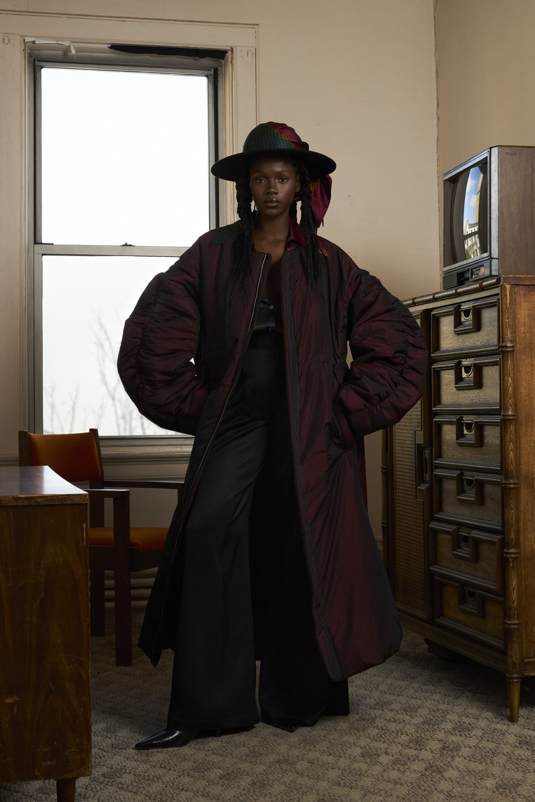 oversized black and red coat