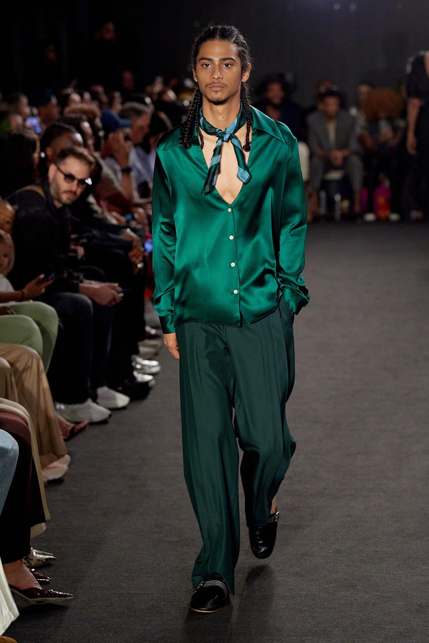 green silk relaxed straight-leg flowing pants