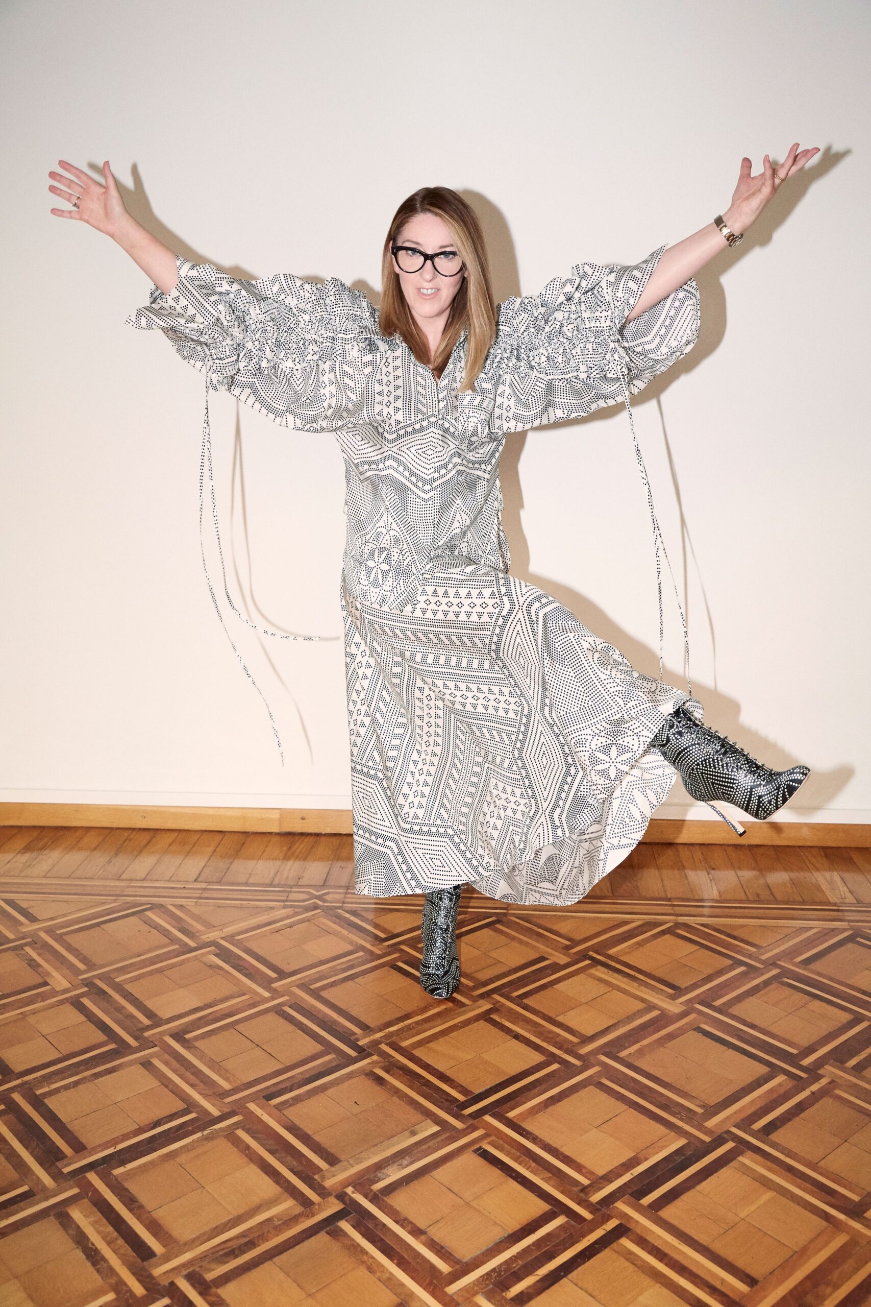 gray silk long-sleeve v-neck relaxed printed tiered dress
