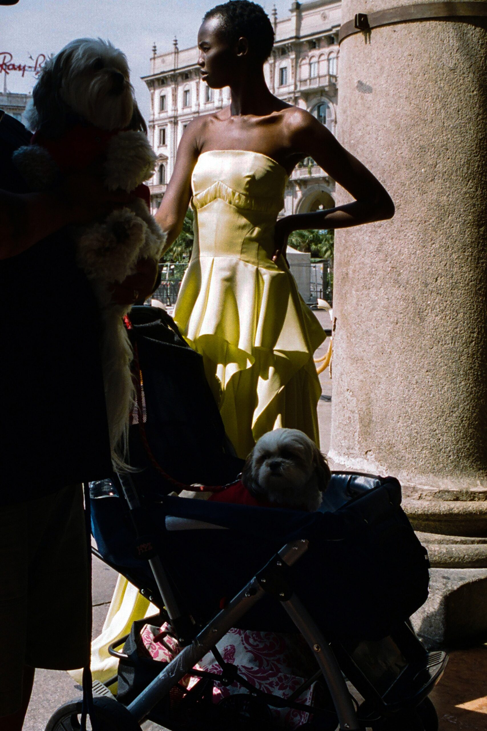fitted strapless yellow gown