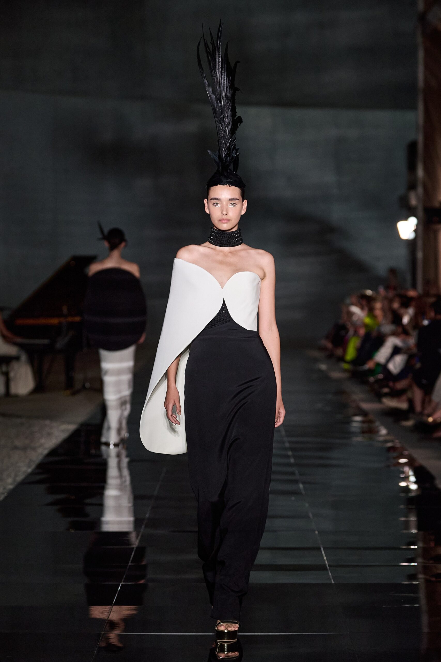 black and white draped gown
