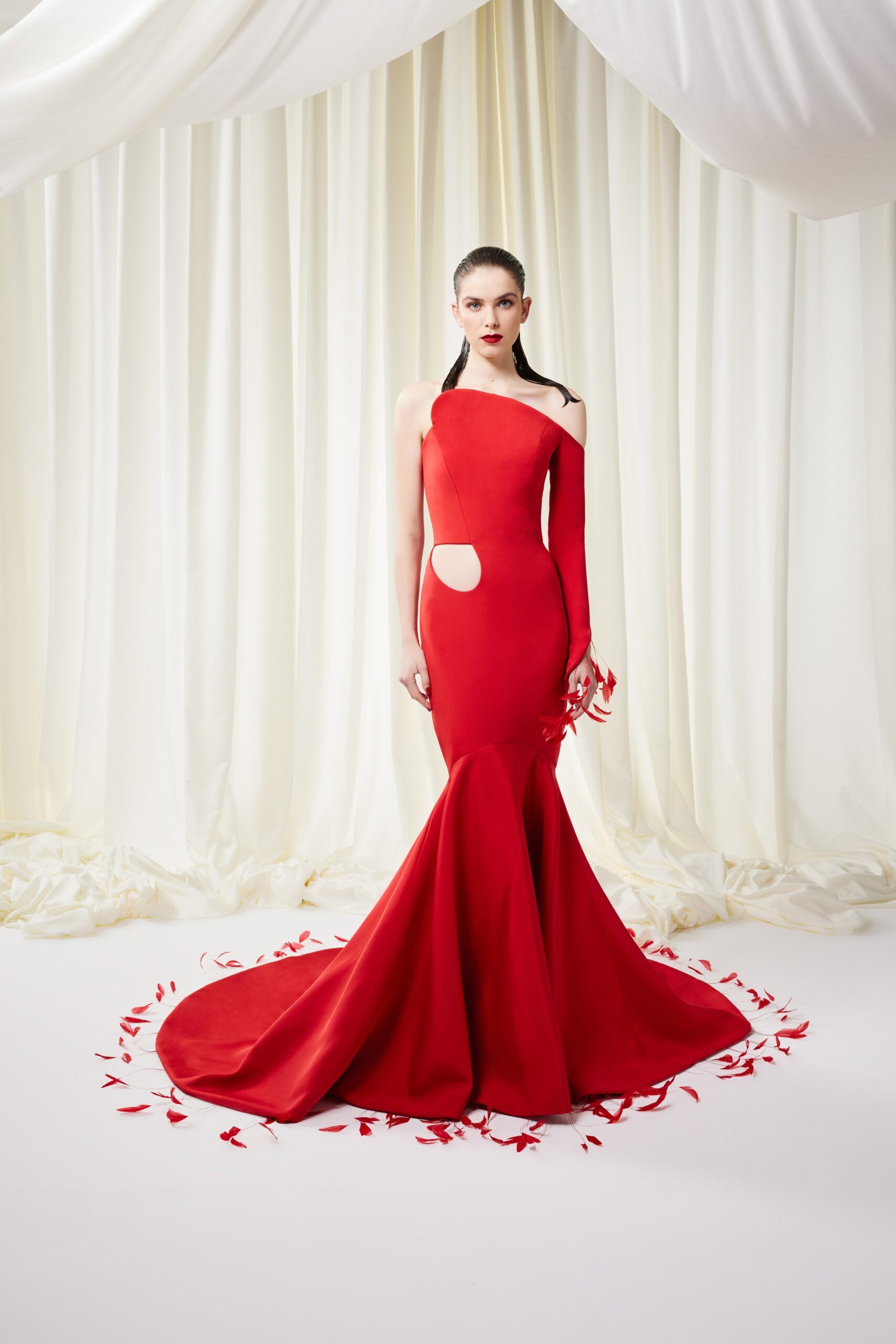 fitted red silk off-shoulder gown