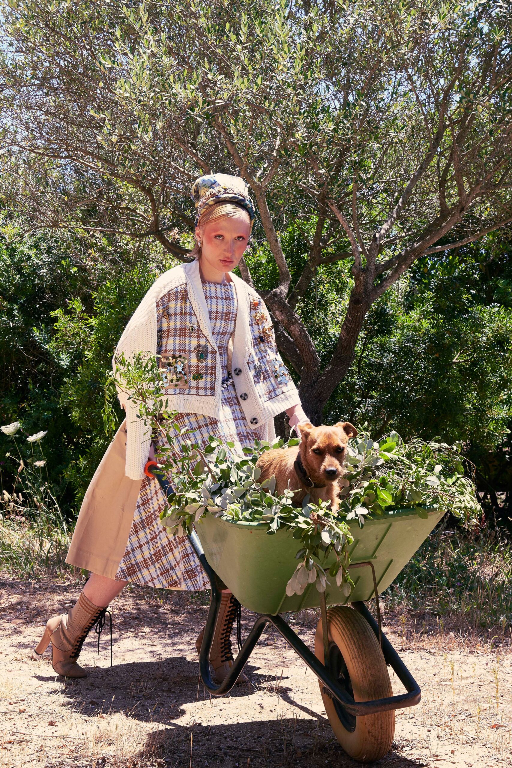 white cardigan beige dress