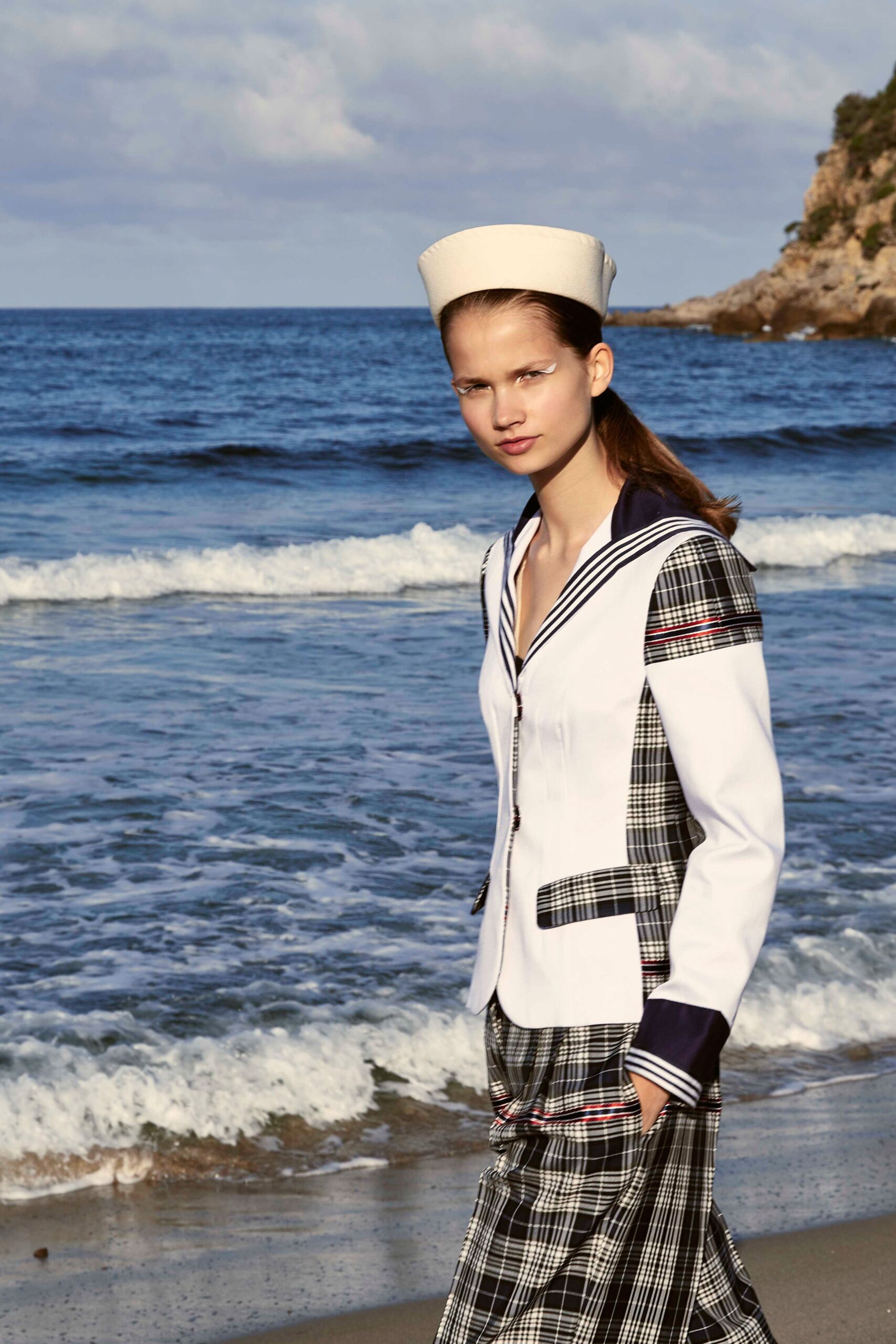 white blazer with checked pants