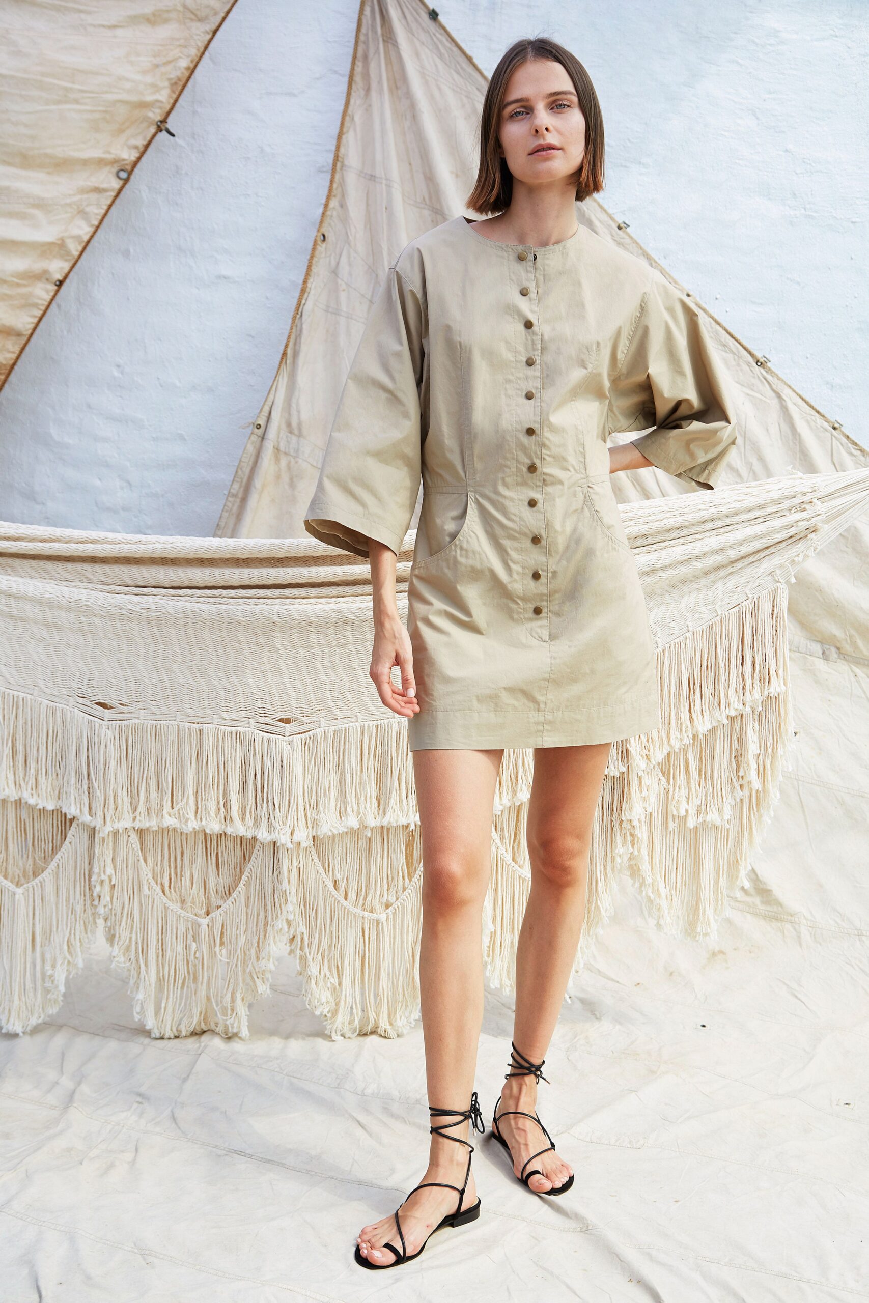 beige cotton long-sleeve collared fitted buttoned straight-leg dress