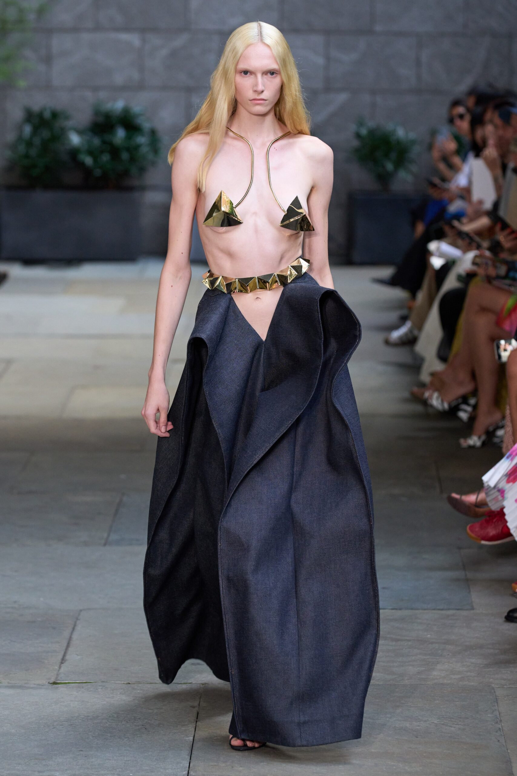 blue denim draped skirt and gold top