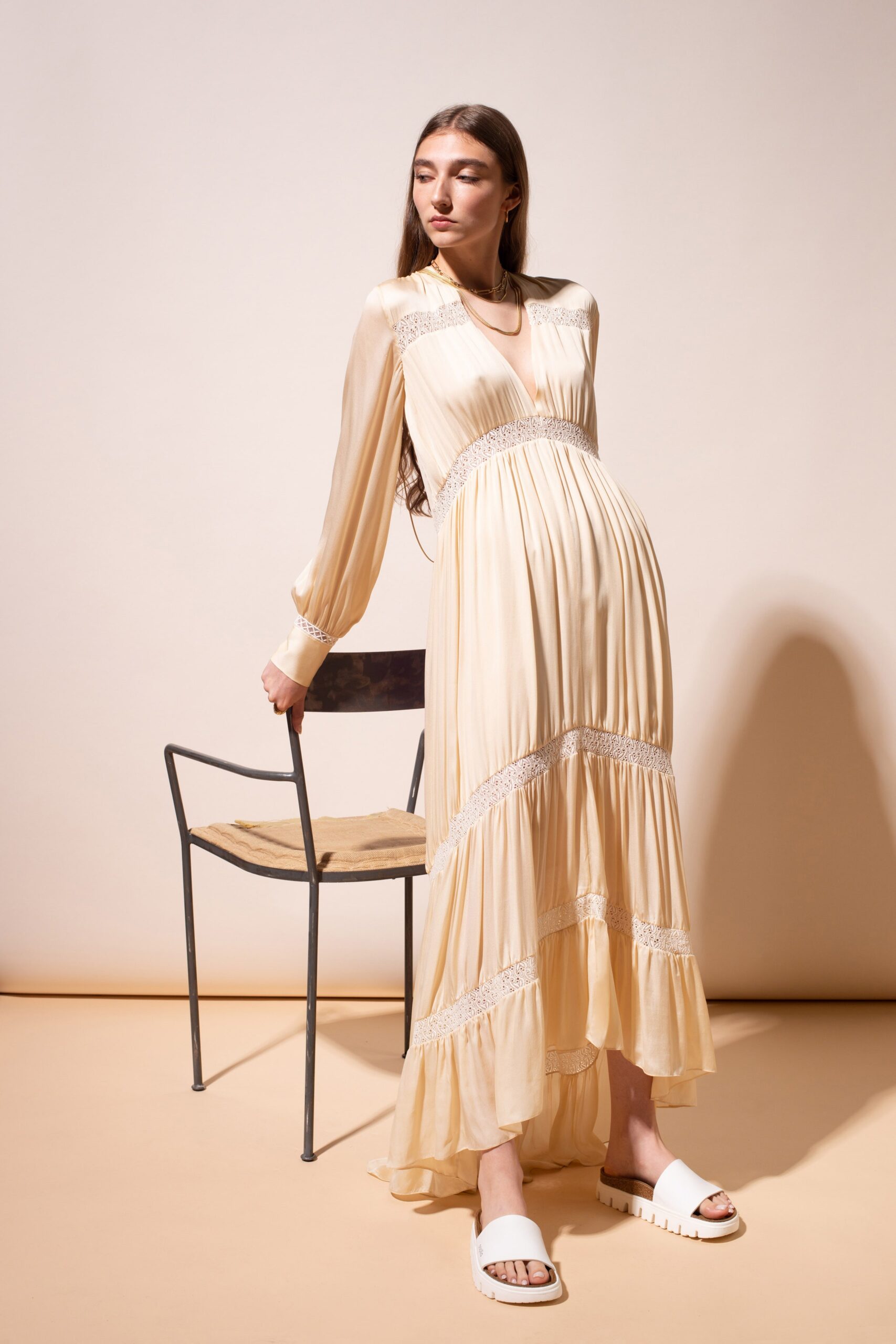 beige silk relaxed maxi dress