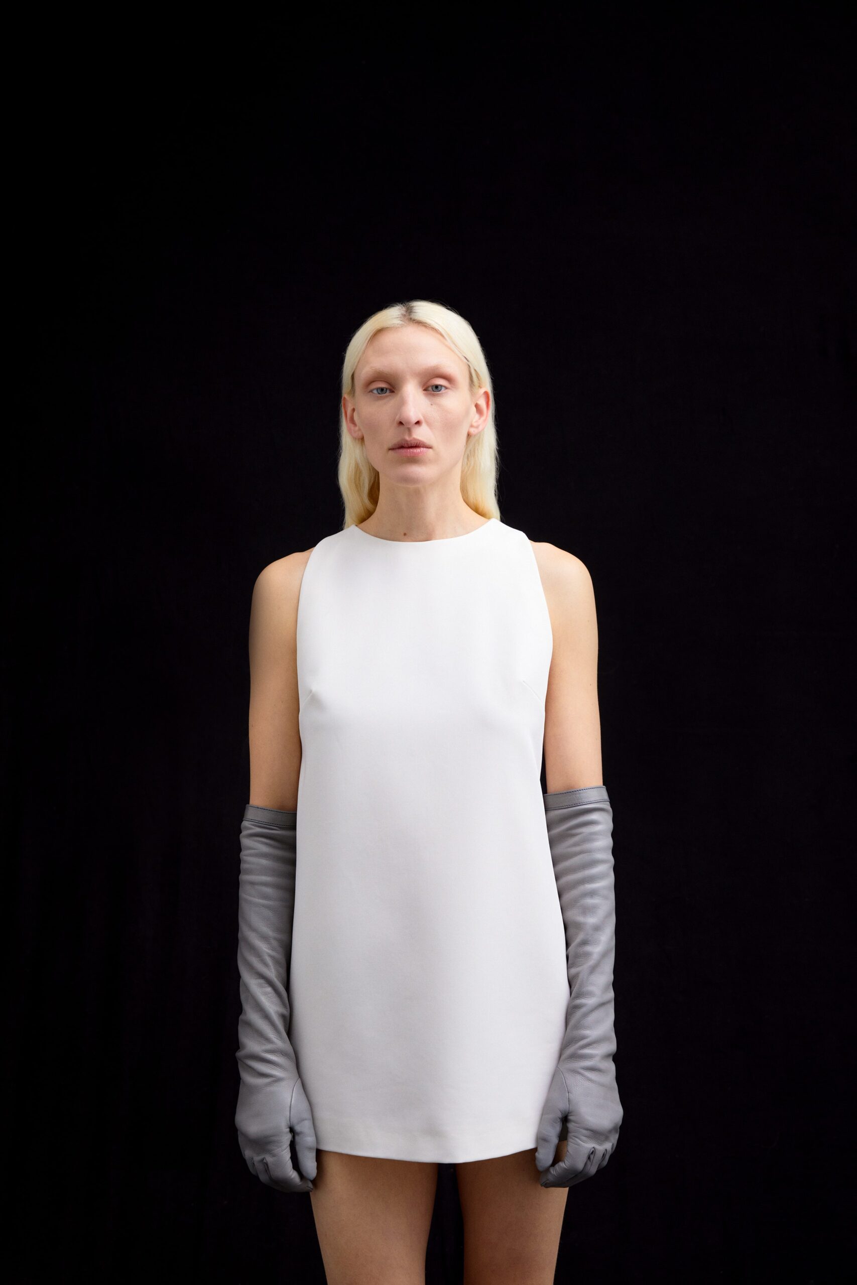 white silk mini dress with gray gloves