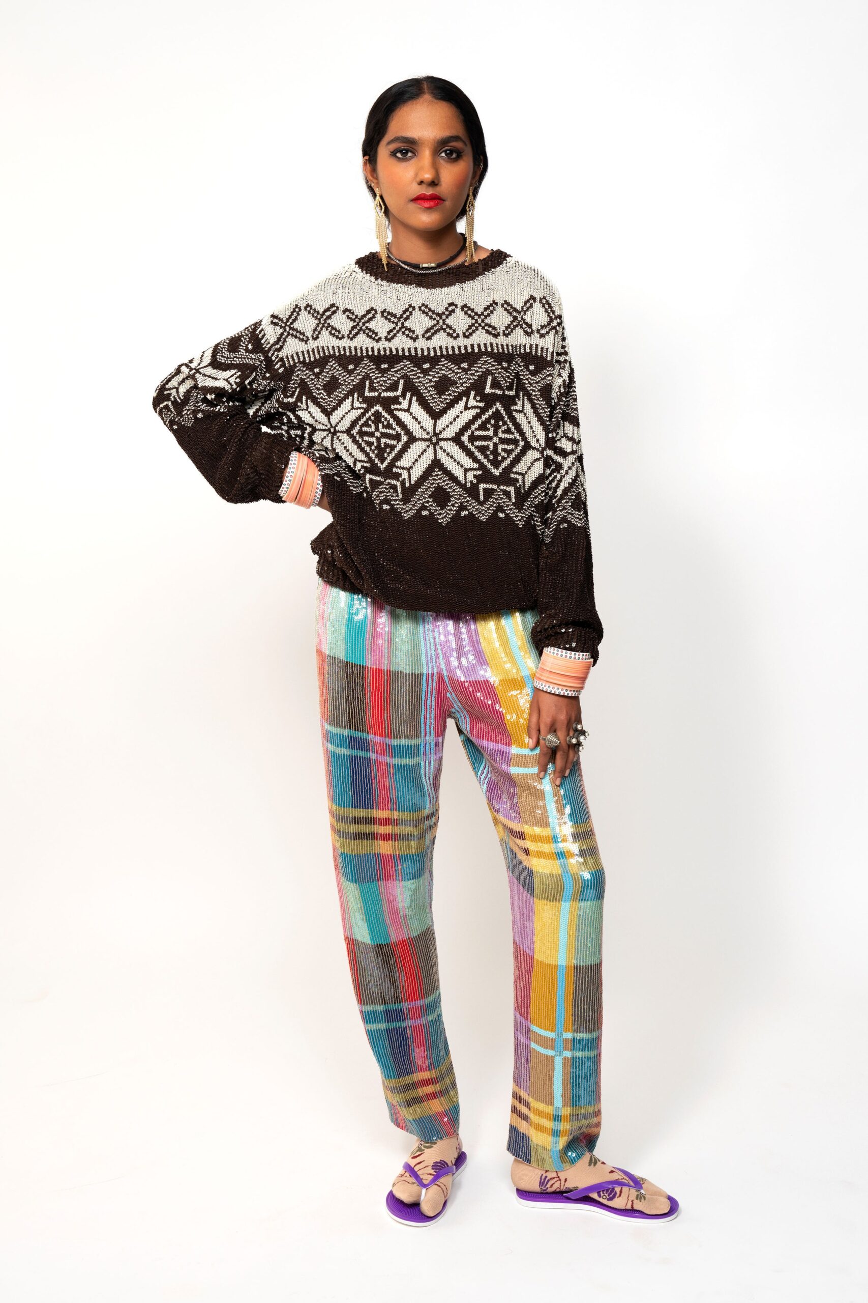 brown wool long-sleeve collared oversized printed sweater