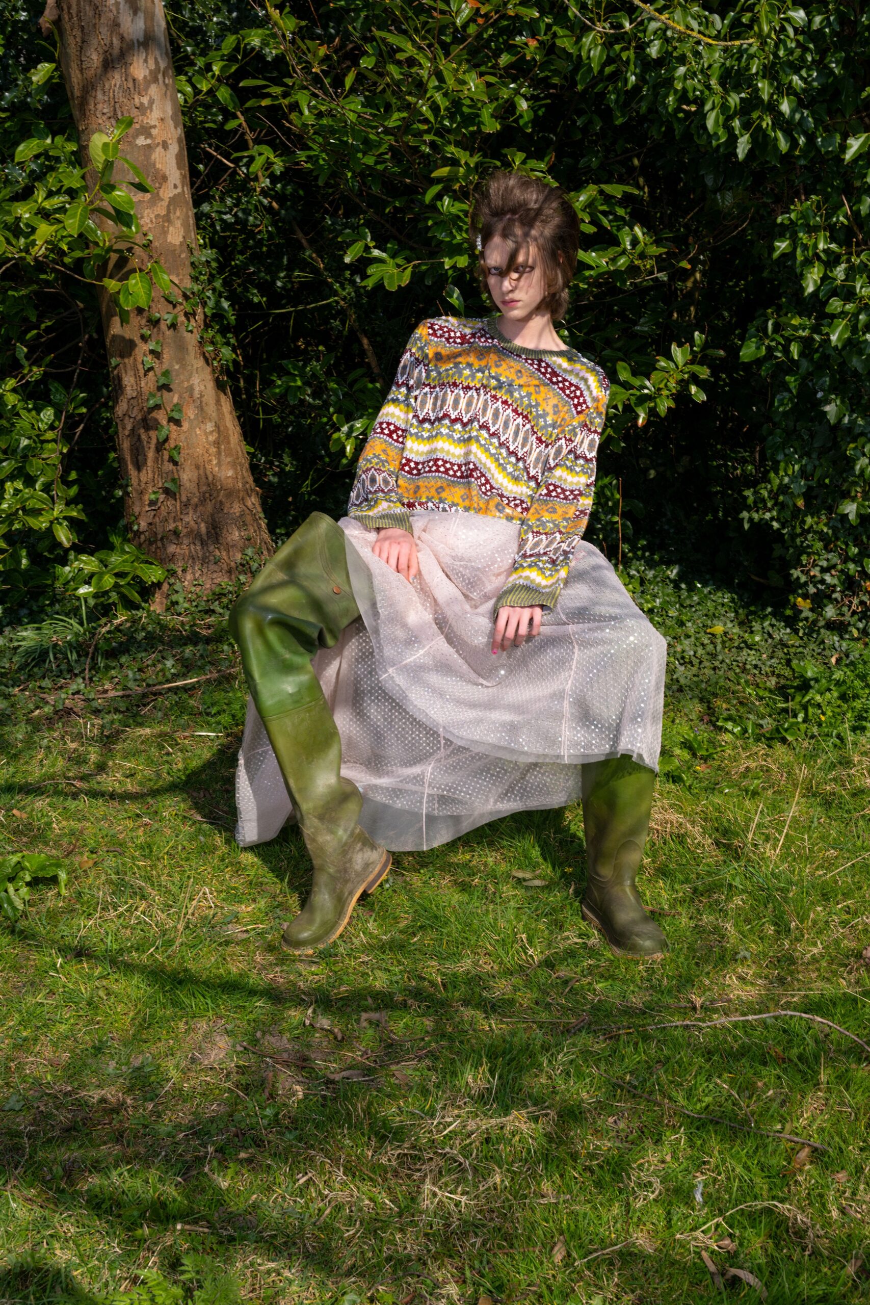 multi-colored sweater with sheer skirt