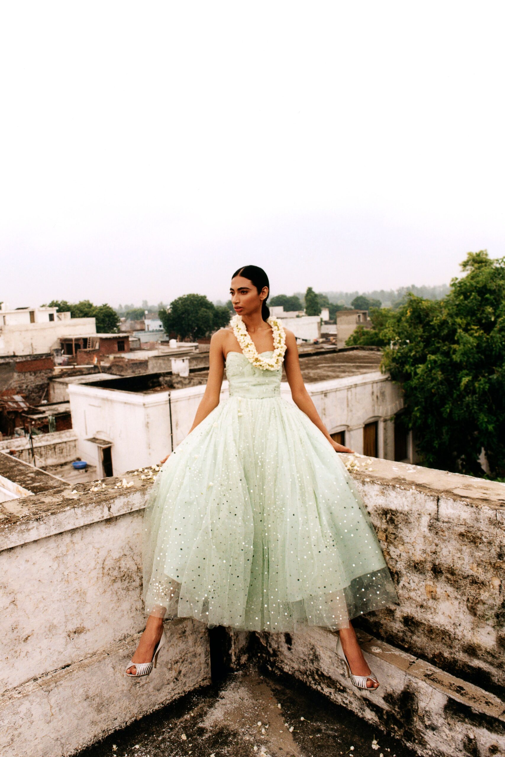 green tulle sleeveless dress
