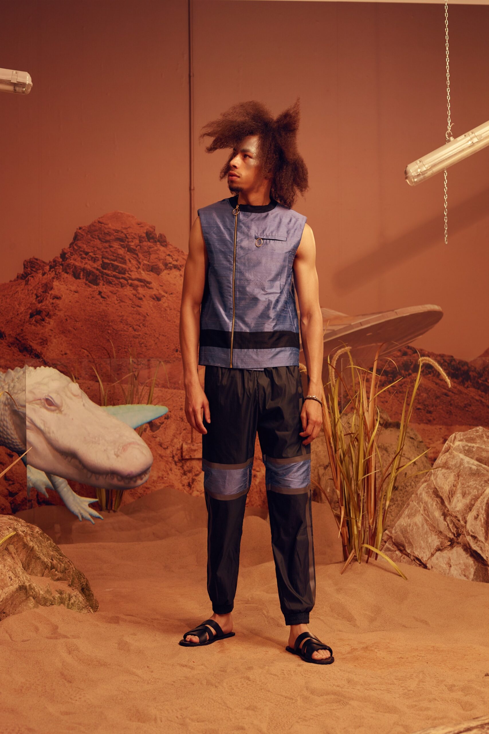 blue cotton sleeveless fitted zippered layered vest