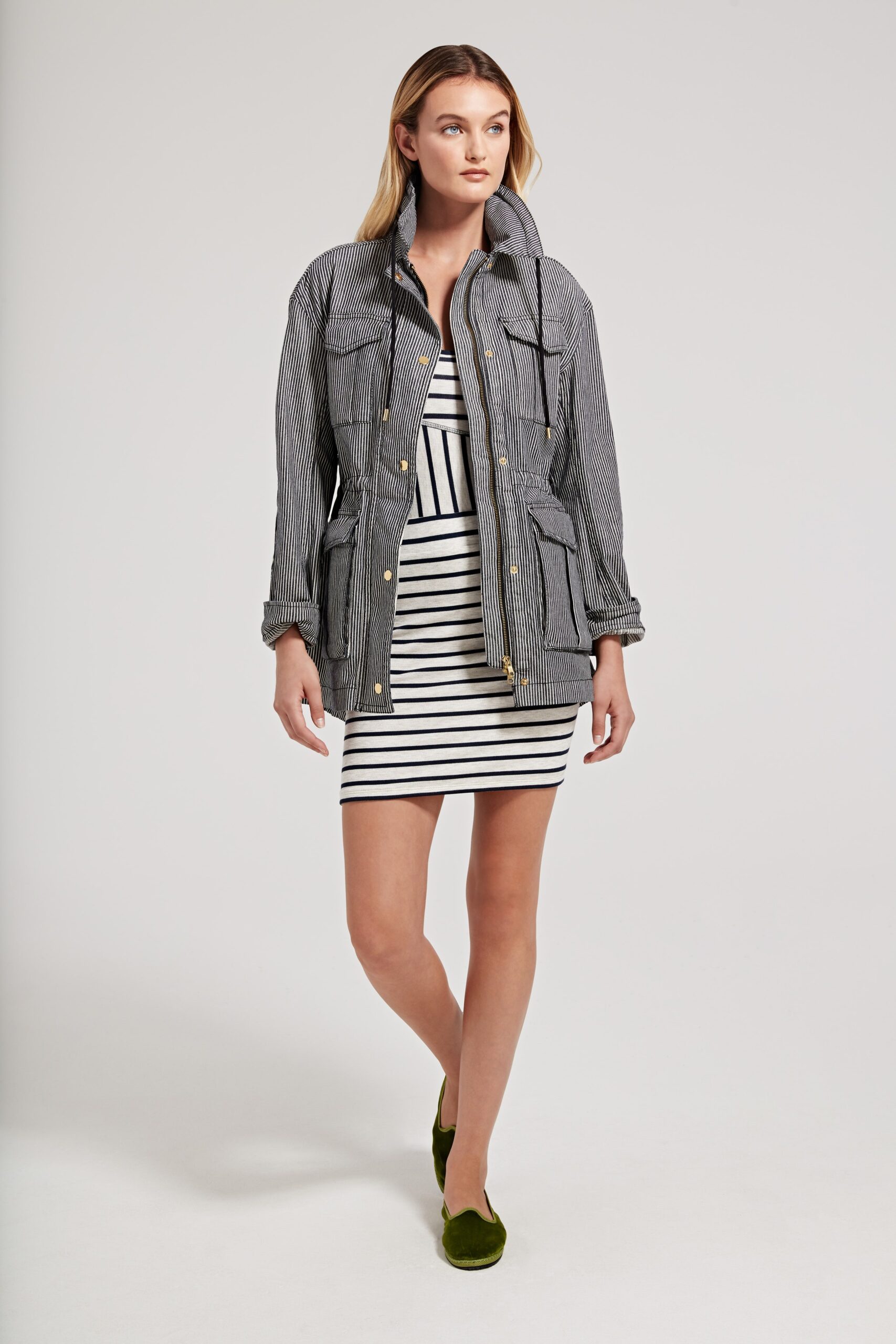 gray relaxed jacket and striped mini dress