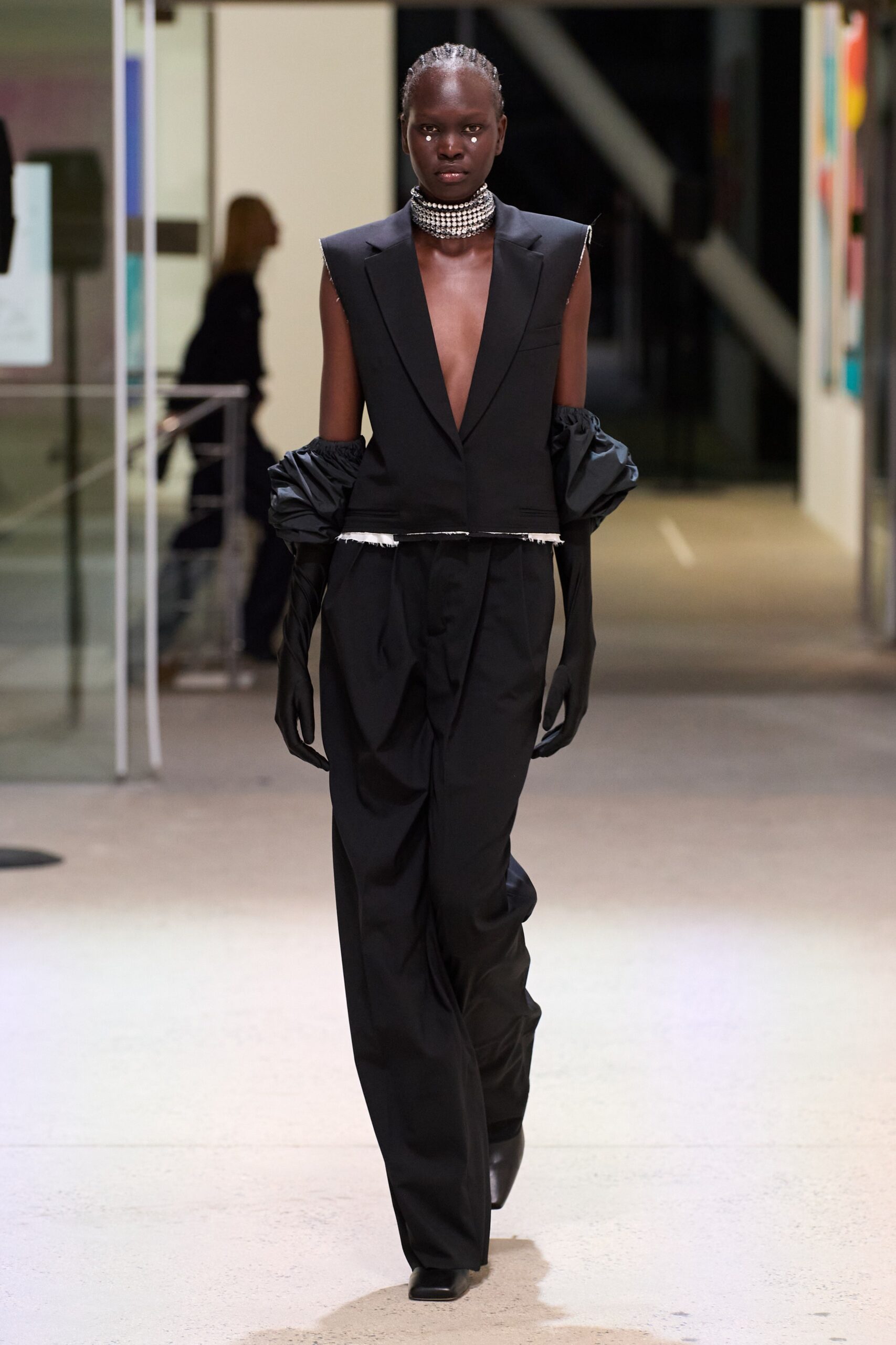 black cotton long-sleeve v-neck fitted structured wide-leg jumpsuit