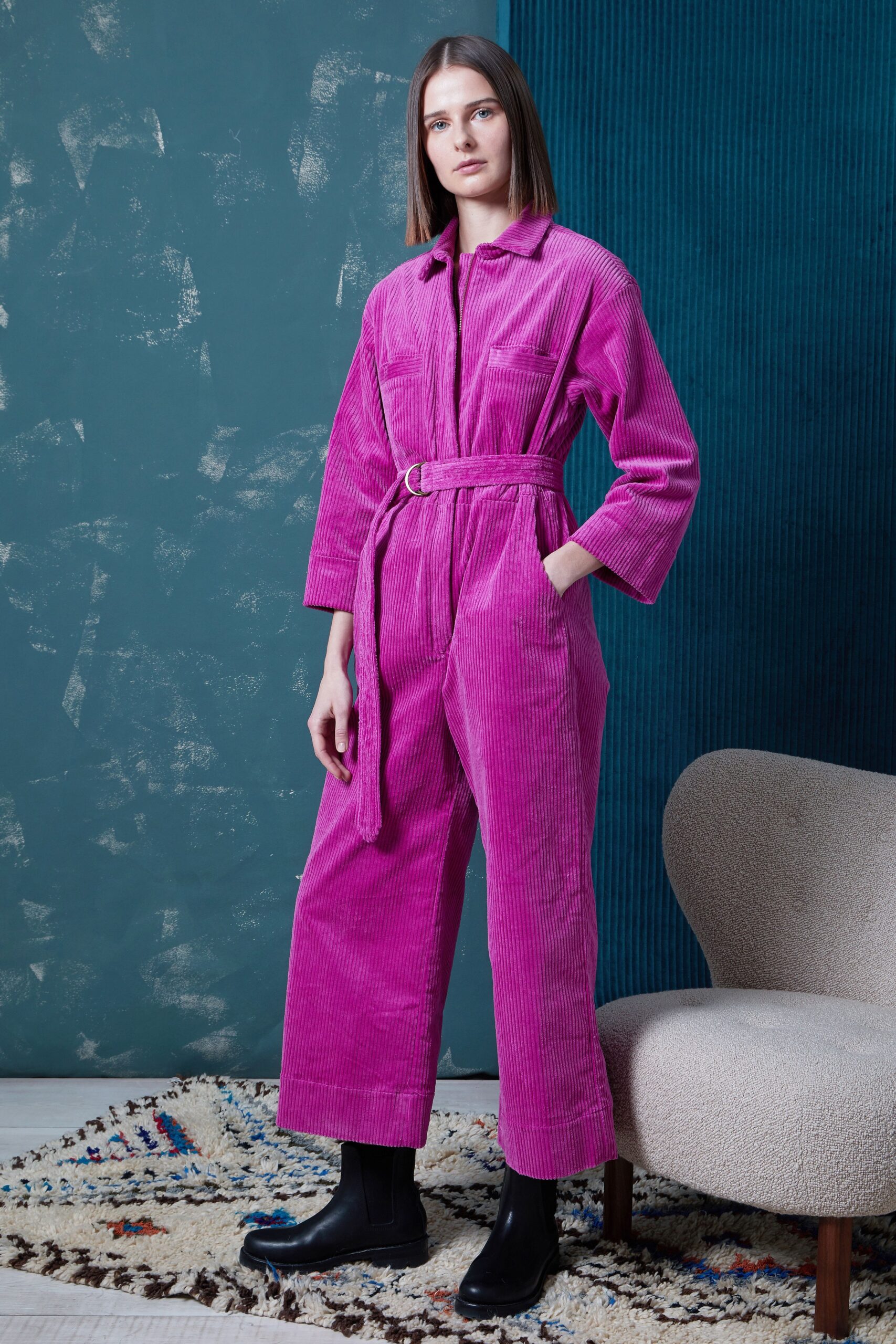 pink cotton belted jumpsuit