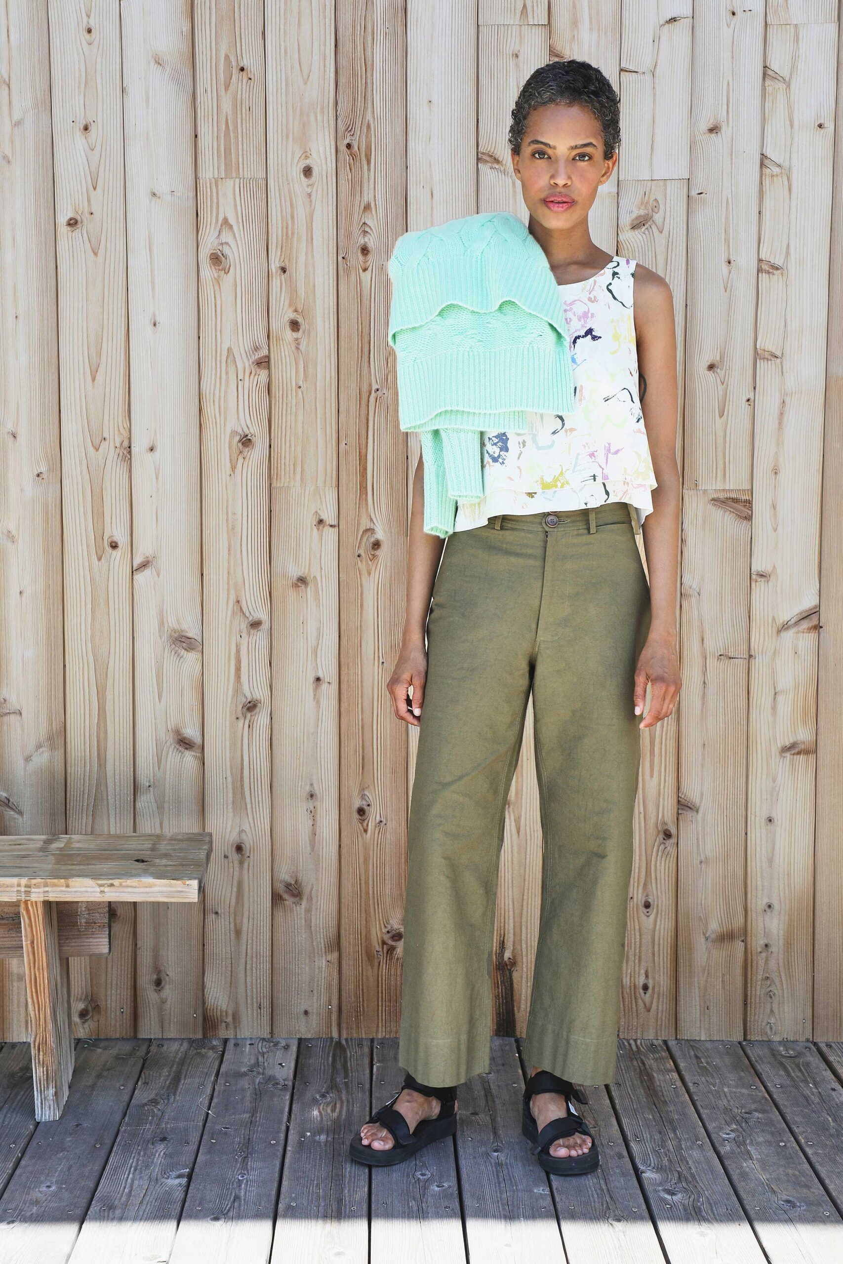 relaxed multi-colored top with wide-leg pants