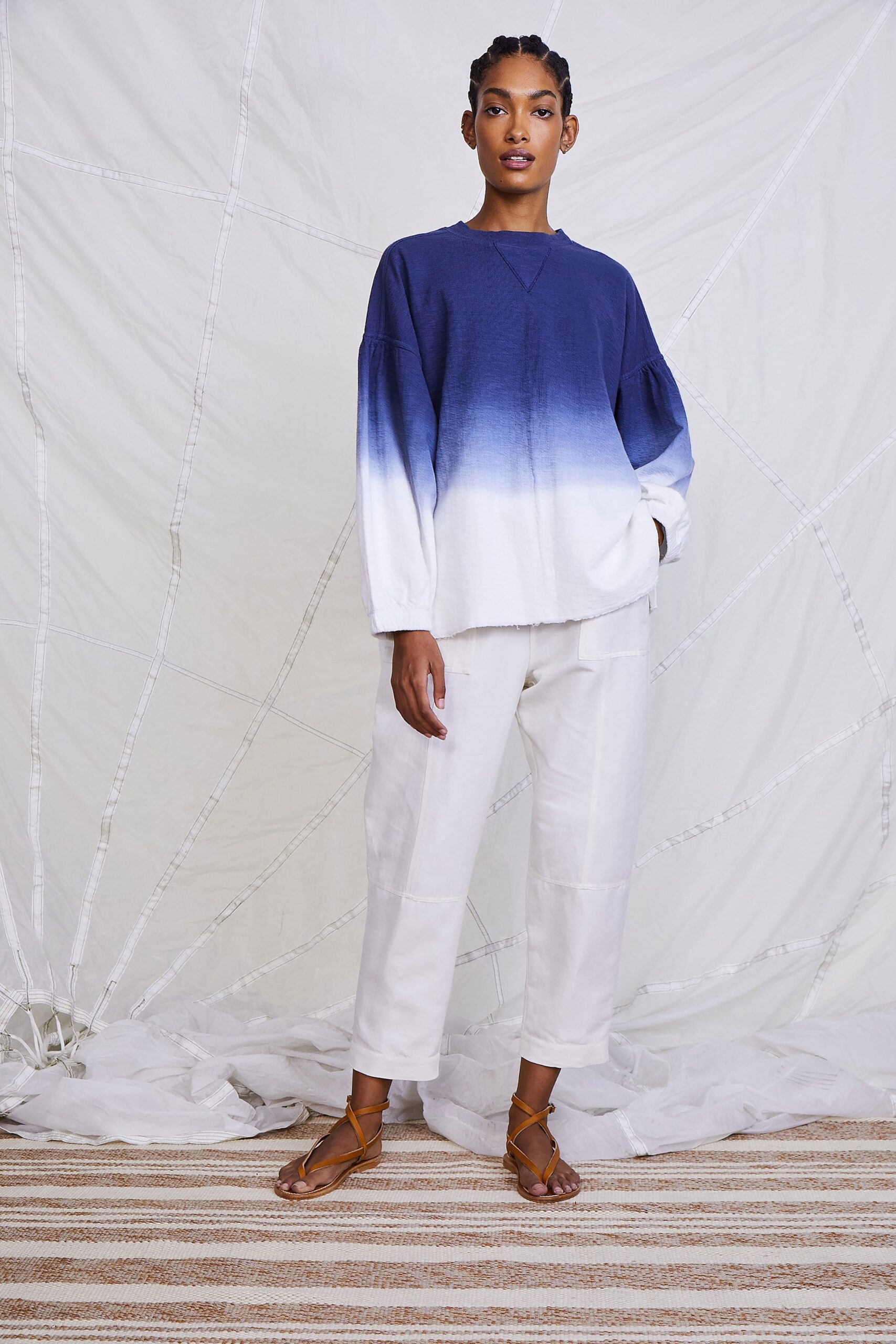 blue and white relaxed top with pants