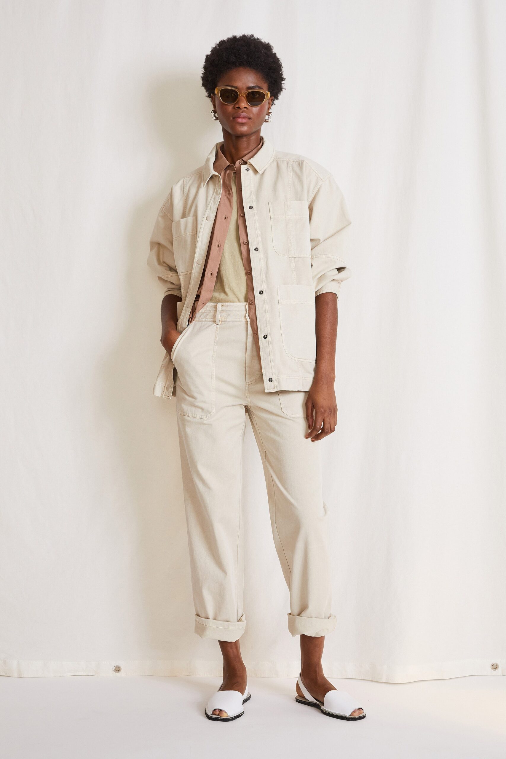 beige relaxed jacket with pink shirt