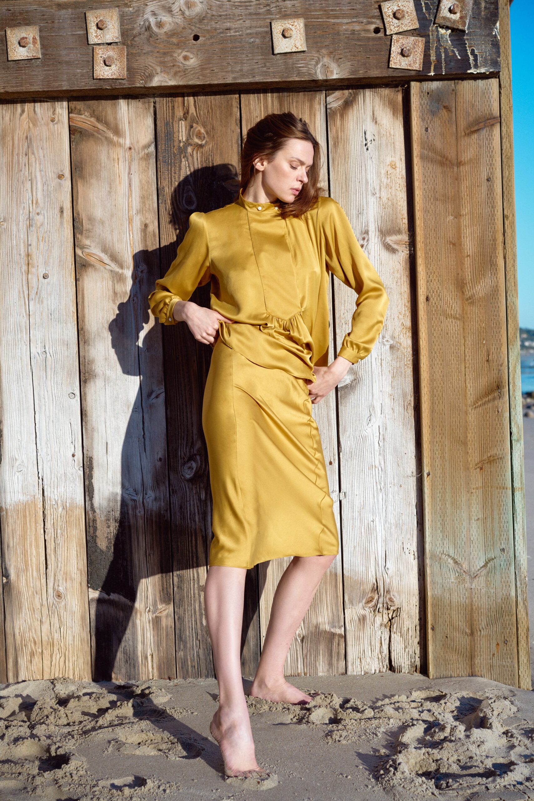 fitted yellow silk midi dress