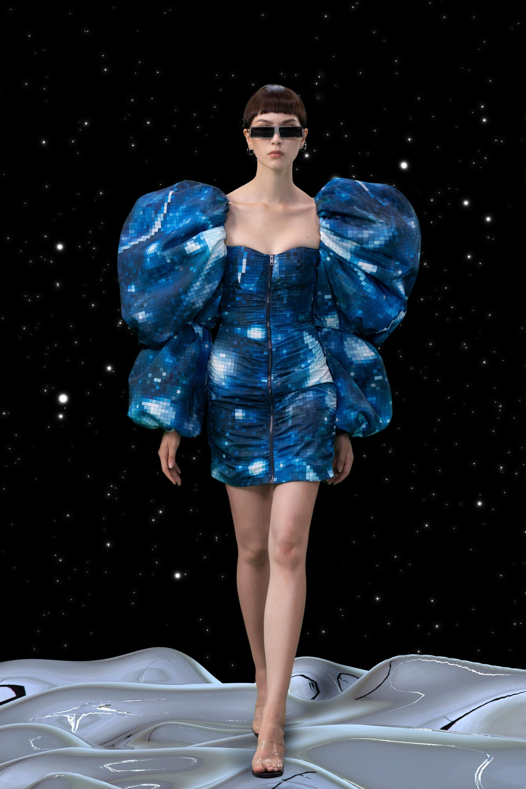 blue silk strapless mini dress