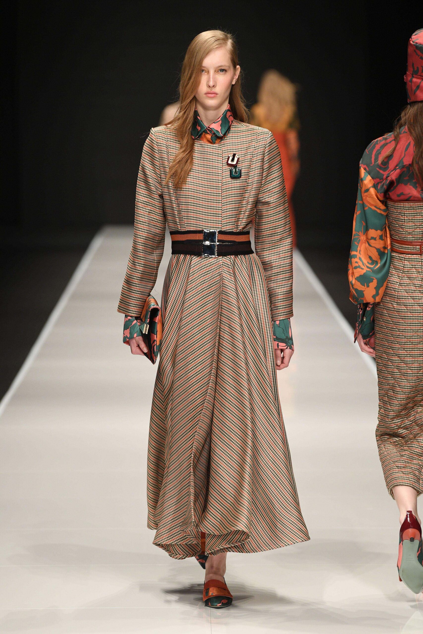 brown green orange pleated dress