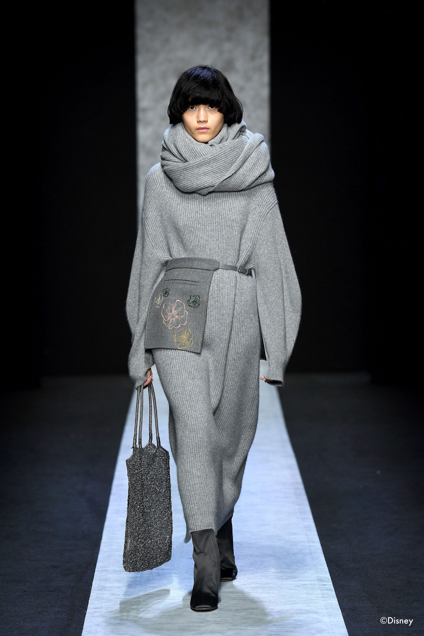 gray wool long-sleeve high-neck relaxed draped pockets dress