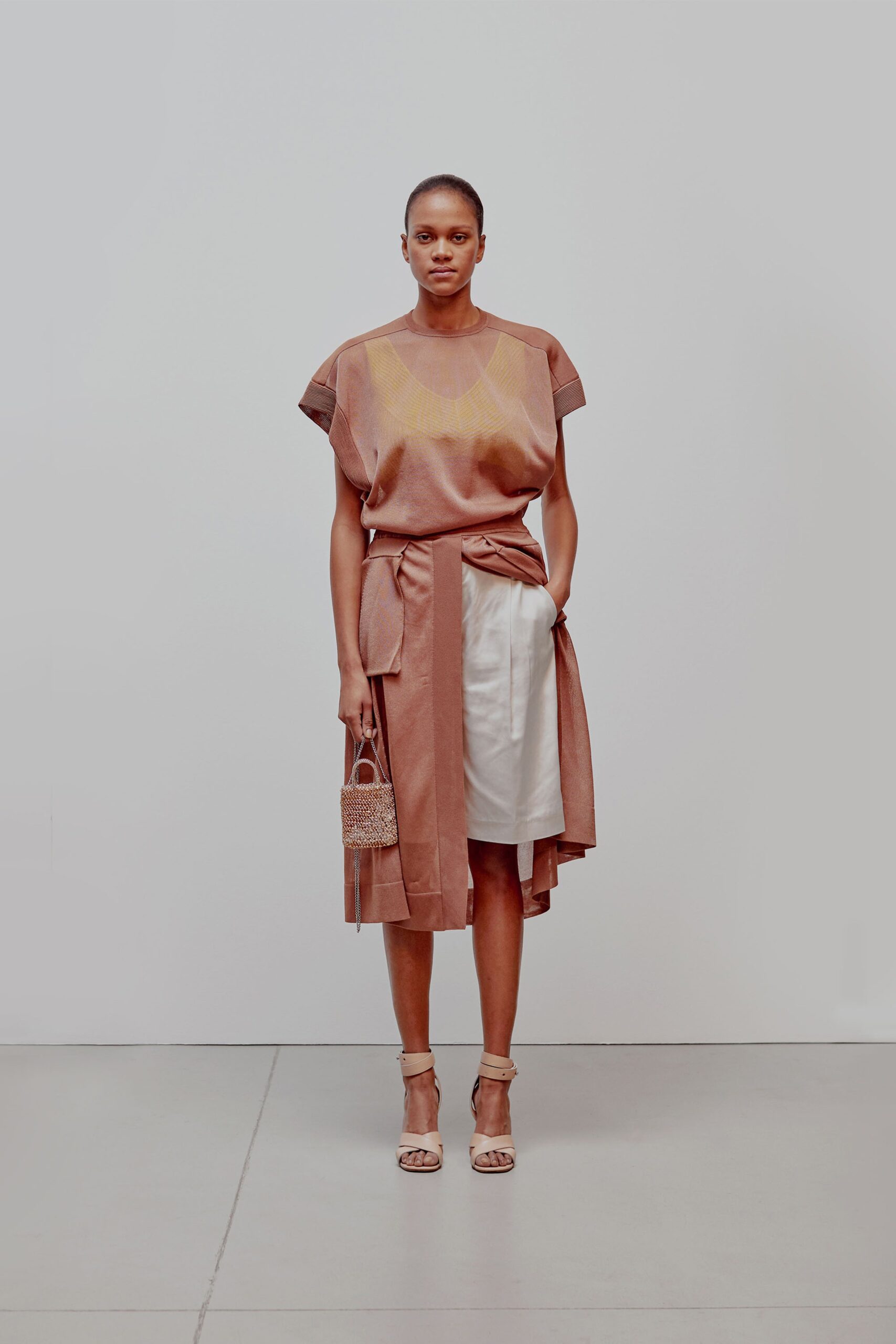 beige relaxed midi dress with bag