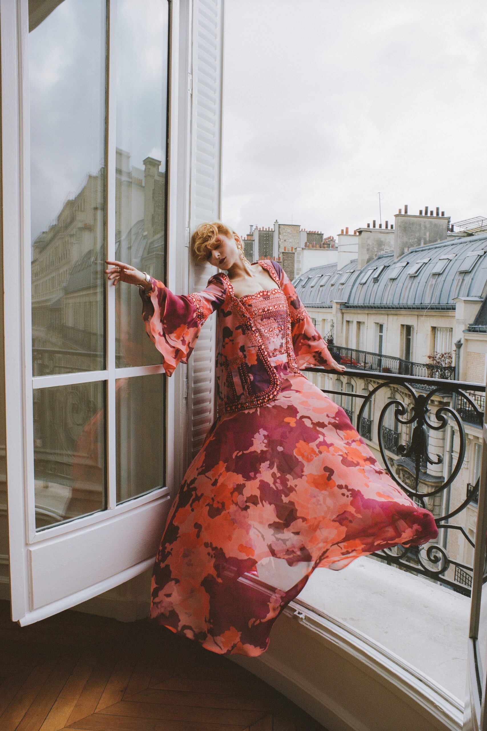pink and orange flowing maxi dress