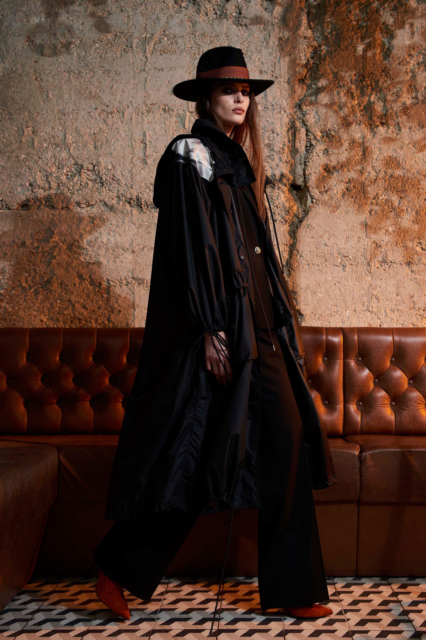 black silk coat with red shoes
