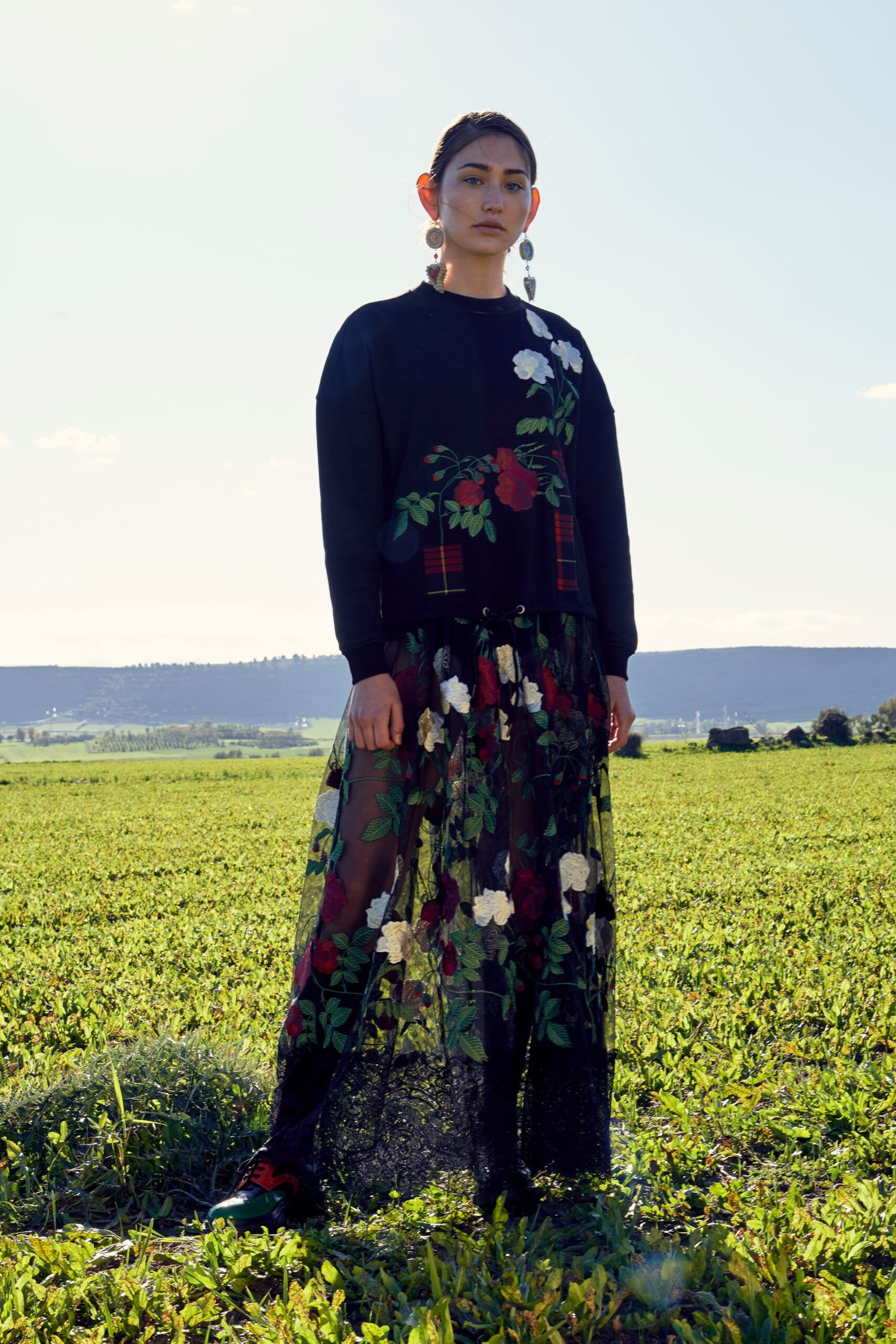 black tulle fitted layered flared sheer maxi skirt