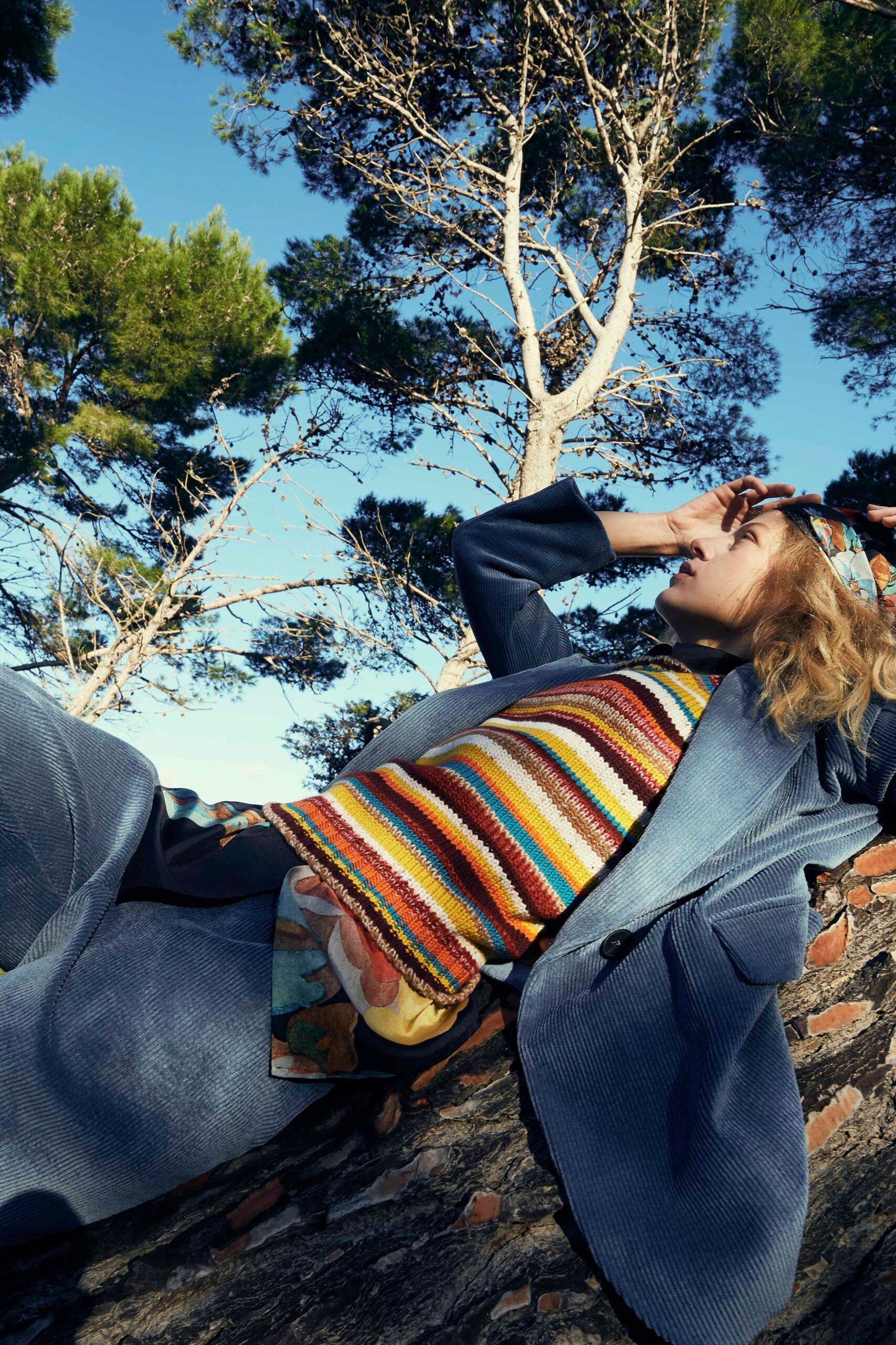 blue relaxed coat with multi-striped top