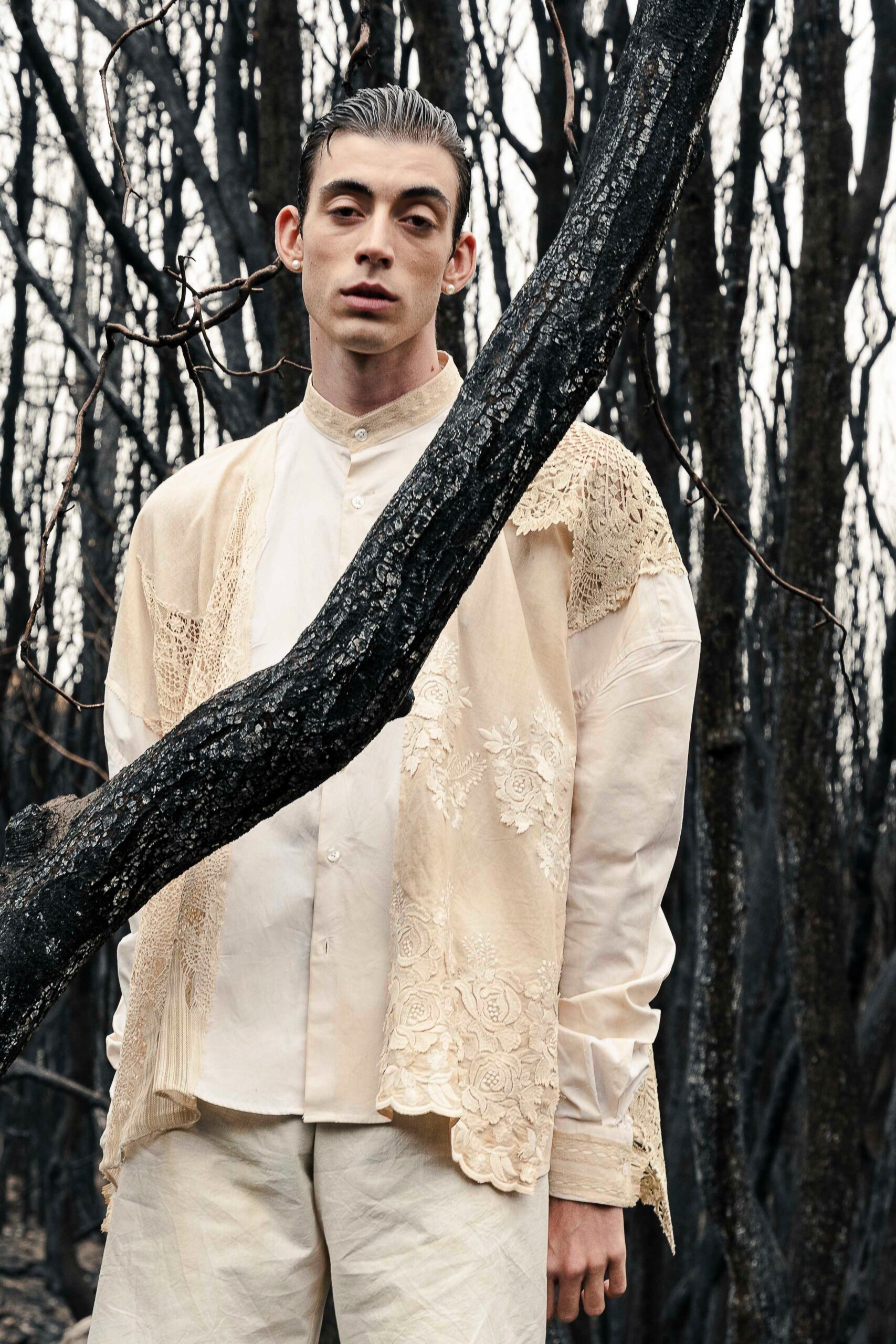 beige cotton long-sleeve relaxed layered embroidered jacket