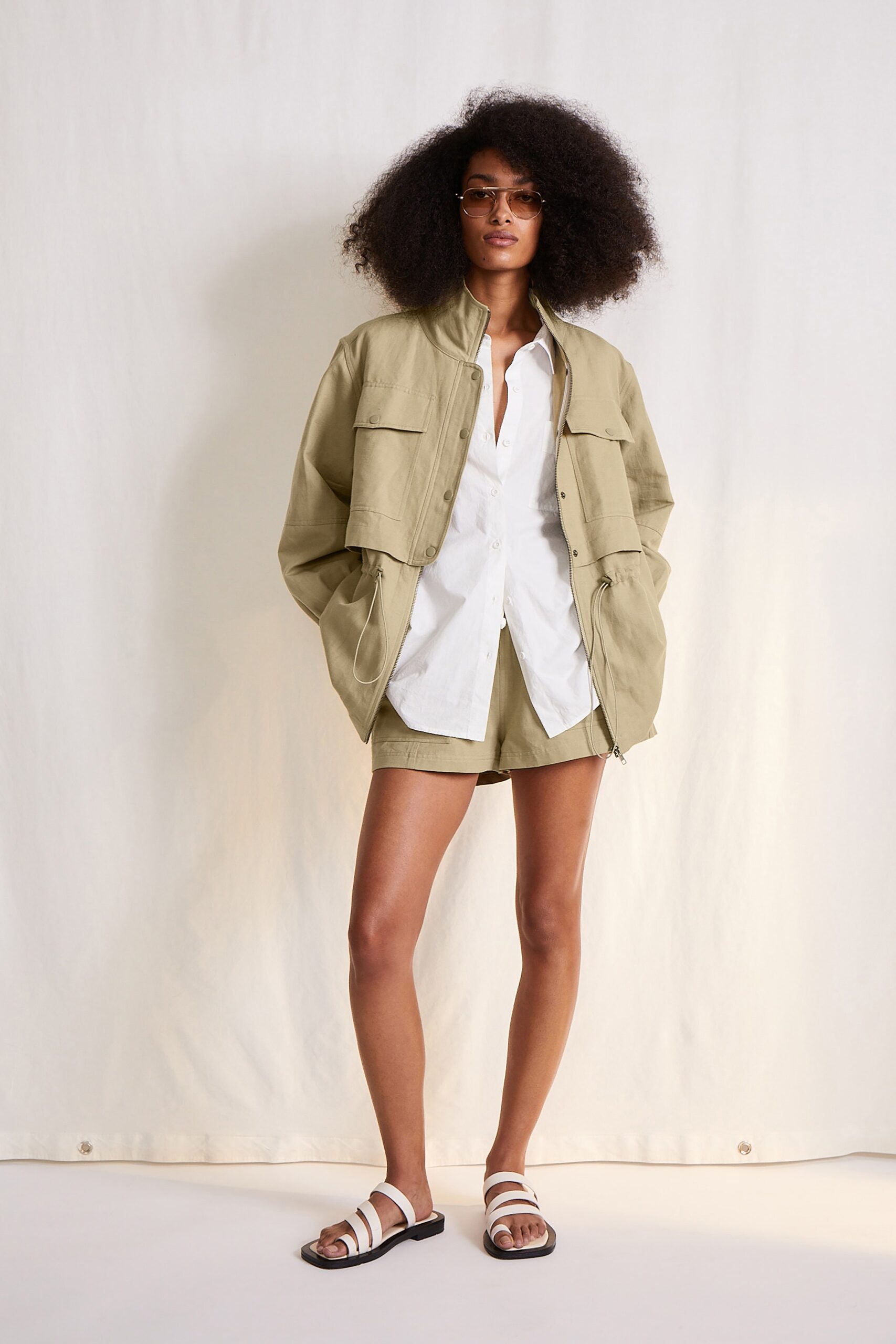 beige relaxed jacket with white shirt