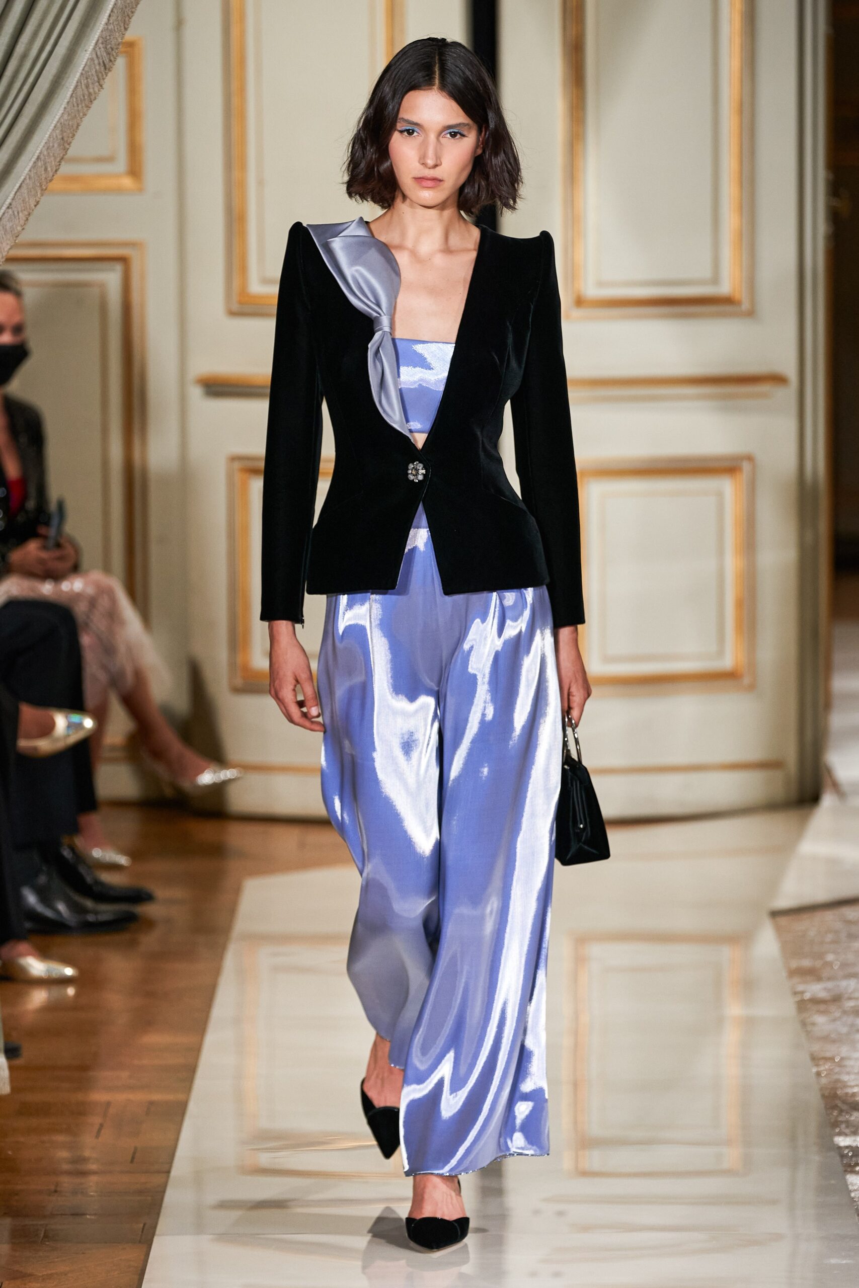 black velvet blazer with blue silk jumpsuit