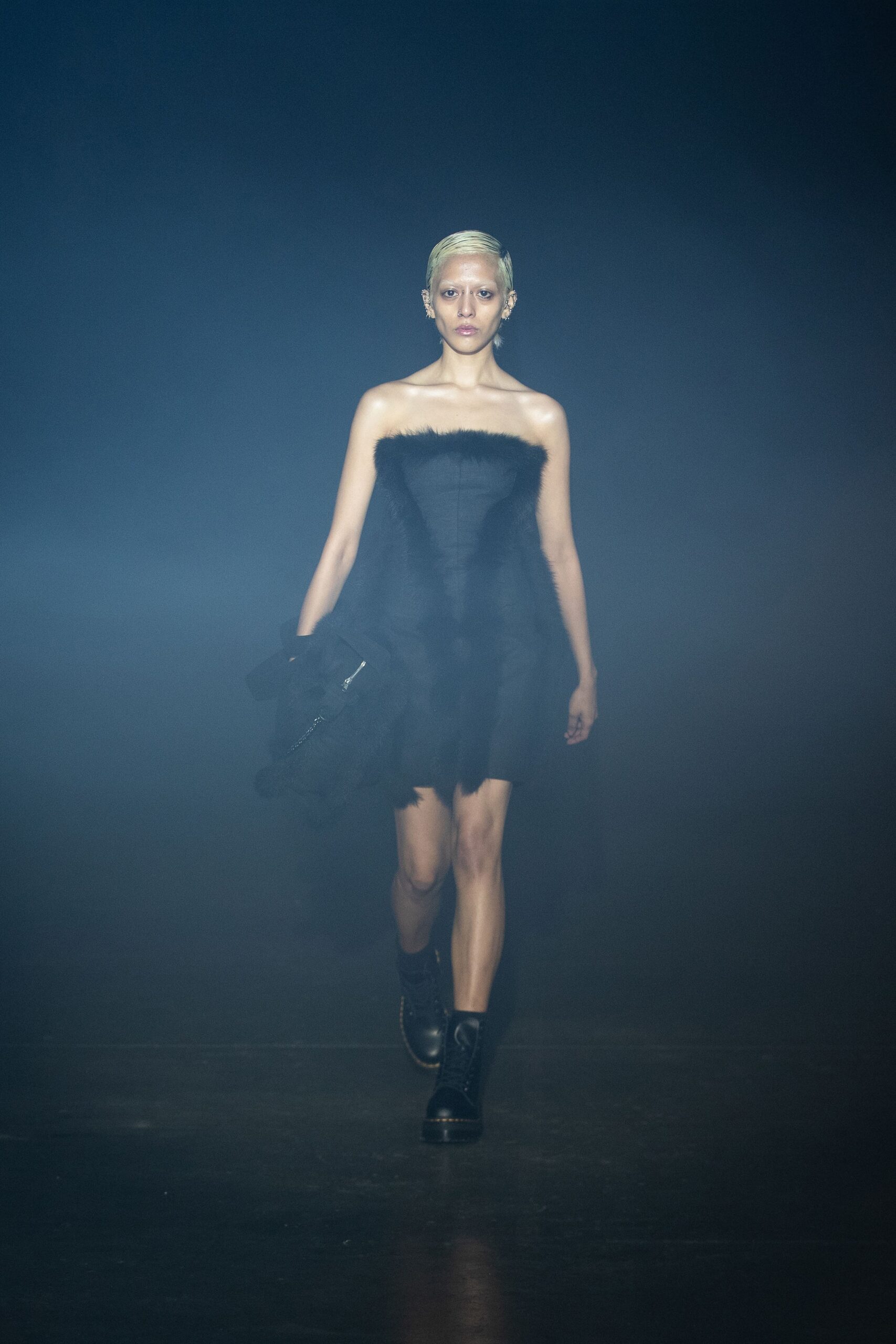black fur strapless mini dress