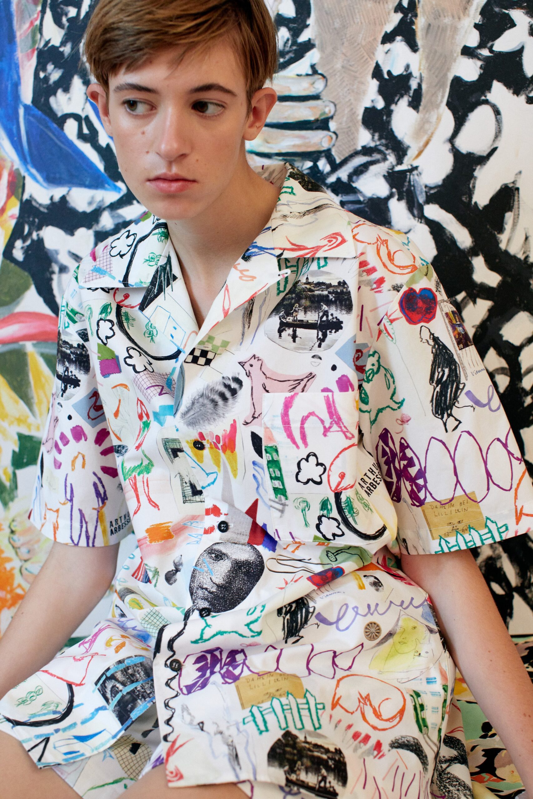 multi-colored printed shirt and shorts