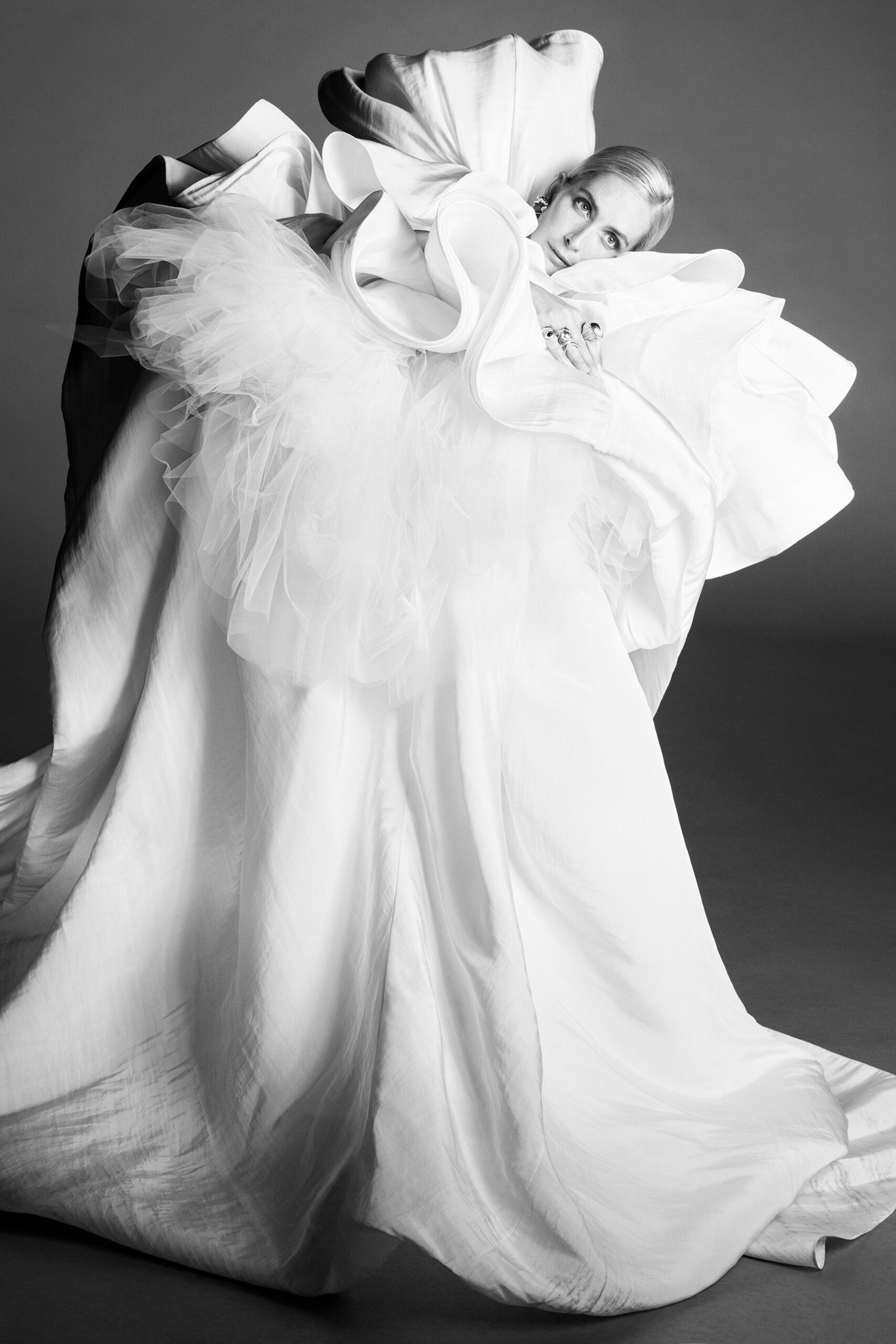 white silk tulle gown