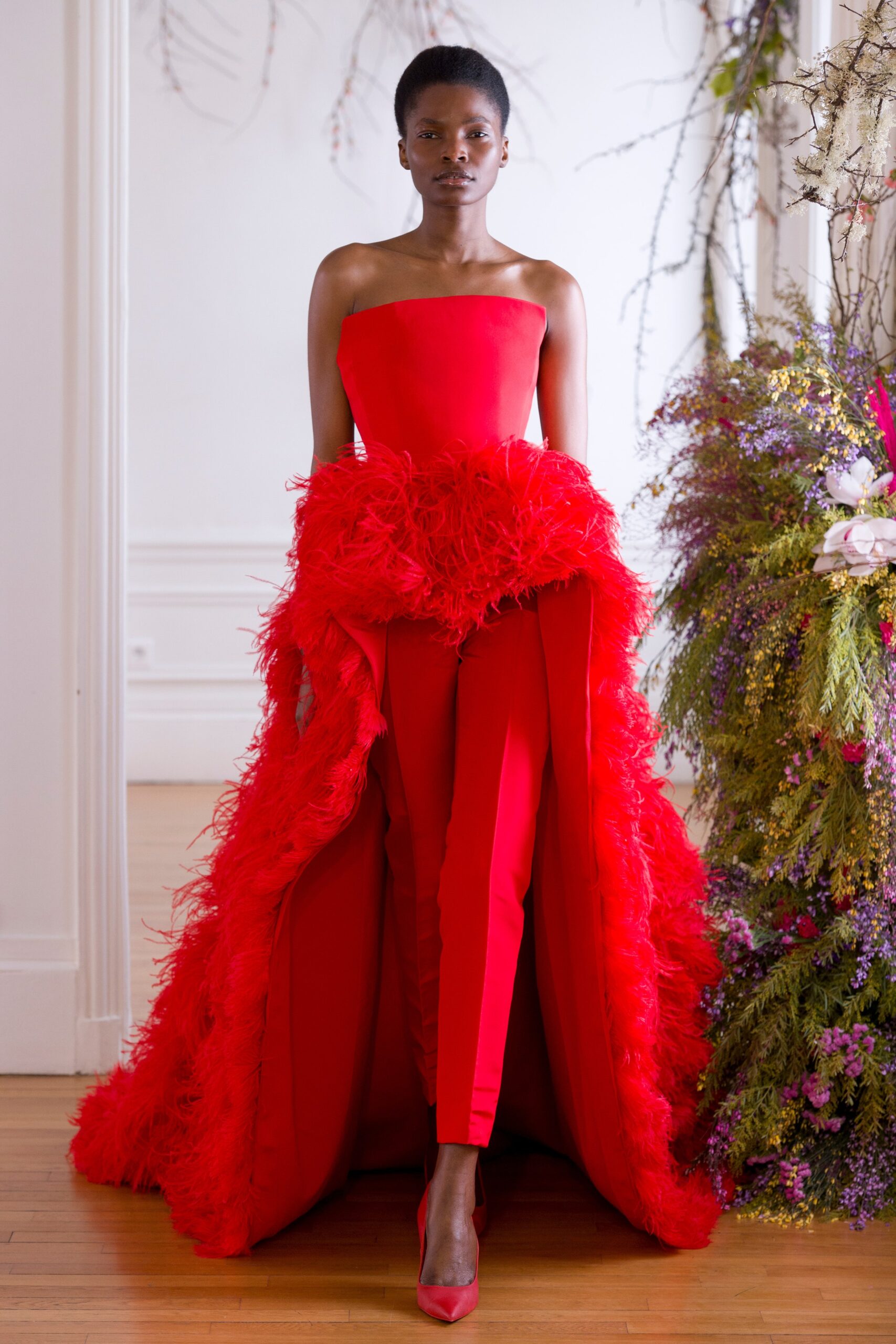 red silk strapless gown