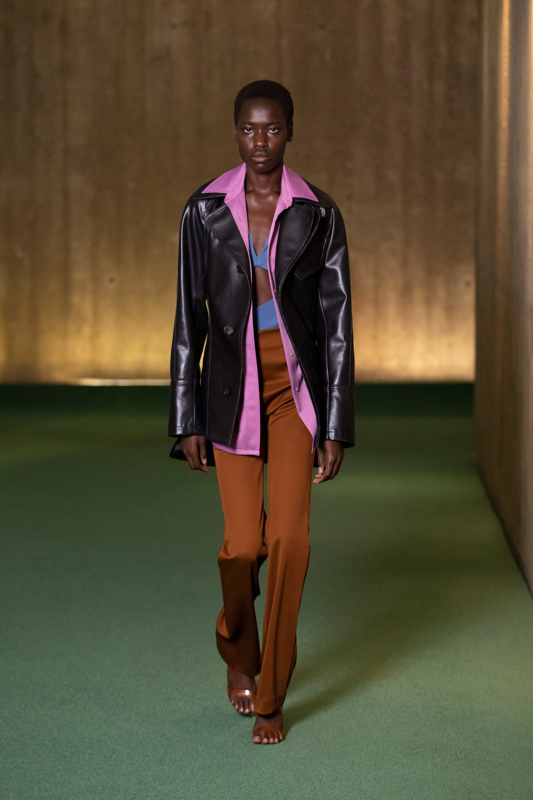 black leather jacket with pink top
