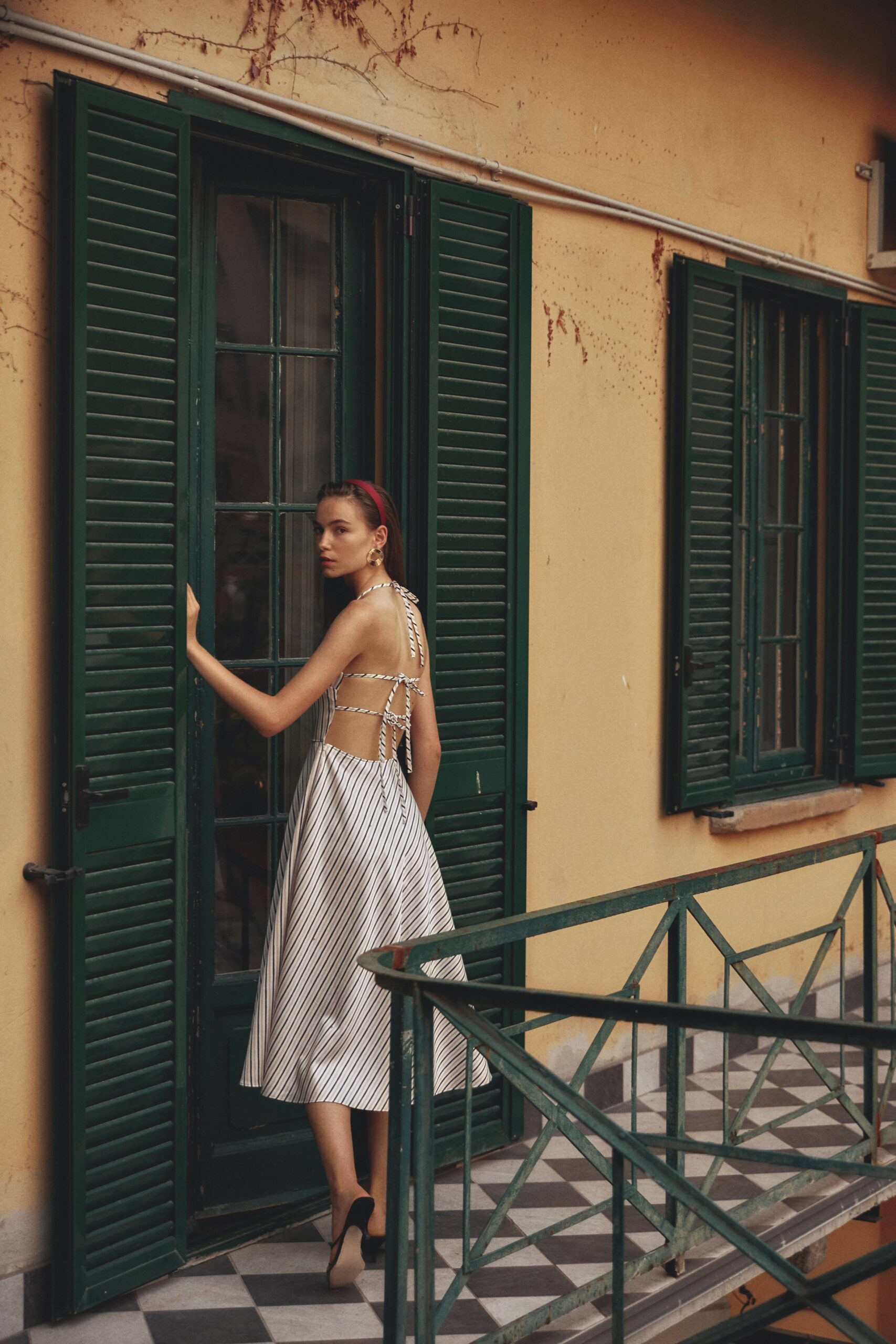 white and black striped midi dress